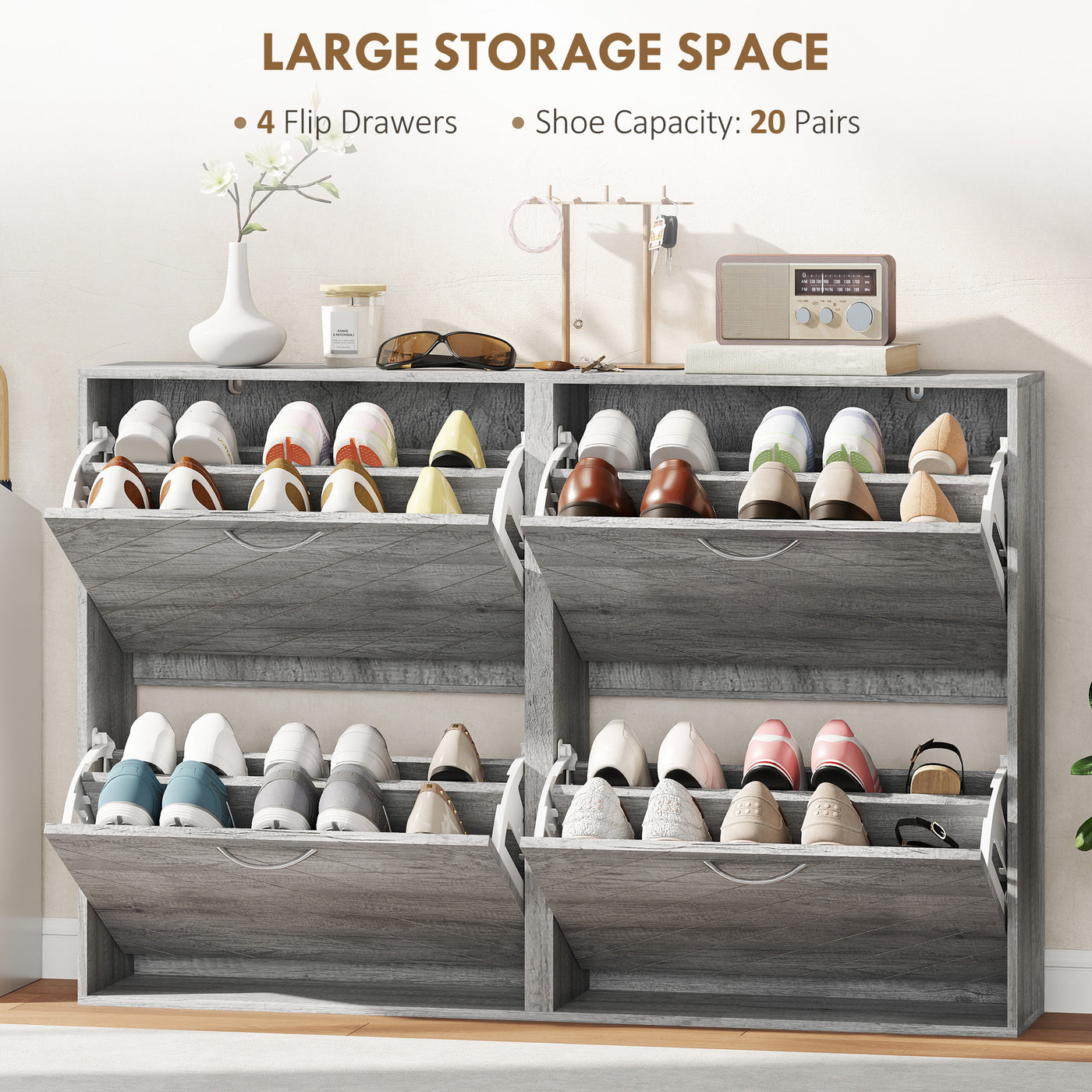 Shoe Storage Cabinet with 4 Flip Drawers, Narrow and Slim, 12-20 Pair of Shoes Organizer for Hallway, Entryway, Grey