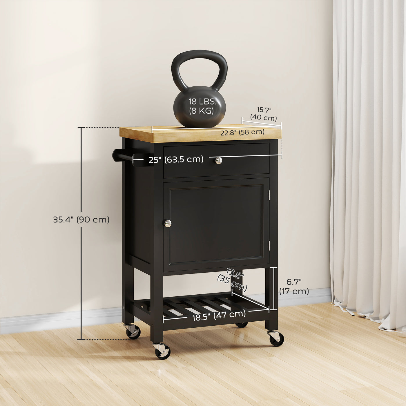 Kitchen Island on Wheels, Rolling Kitchen Cart with Wood Top, Towel Rack, Drawer and Shelf for Dining Area, Black