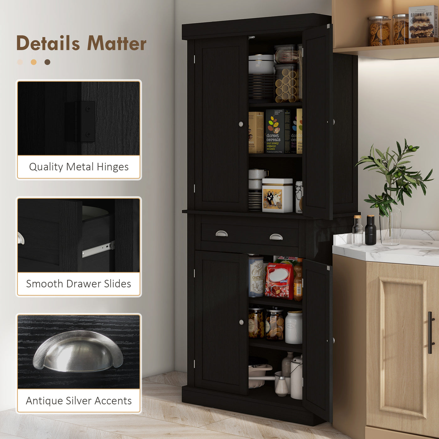 72" Tall Pantry Cabinet, Kitchen Storage Cabinet with 4 Doors, Drawer and 2 Adjustable Shelves, Black Wood Grain