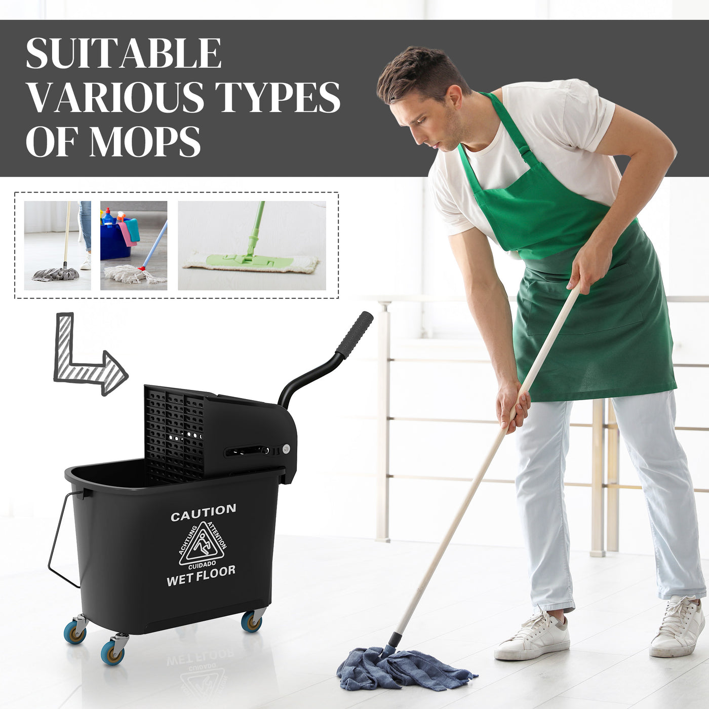 Compact Mop Bucket with Wringer, Mop Bucket on Wheels, 5 Gallon, Separate Dirty and Clean Water, Black