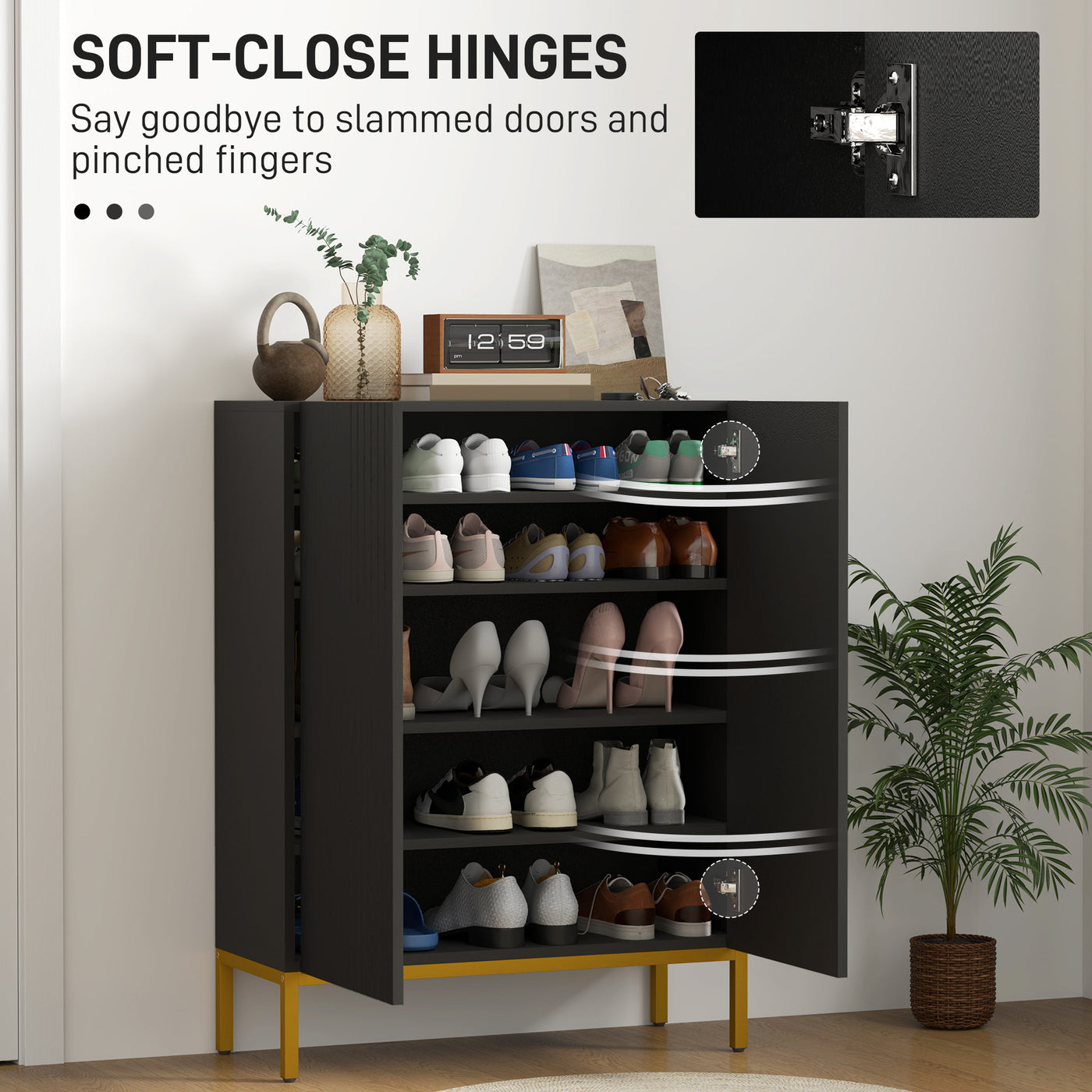 Shoe Storage Cabinet with Adjustable Shelves and Soft-Close Hinges, for 15-20 Pairs of Shoes, Black