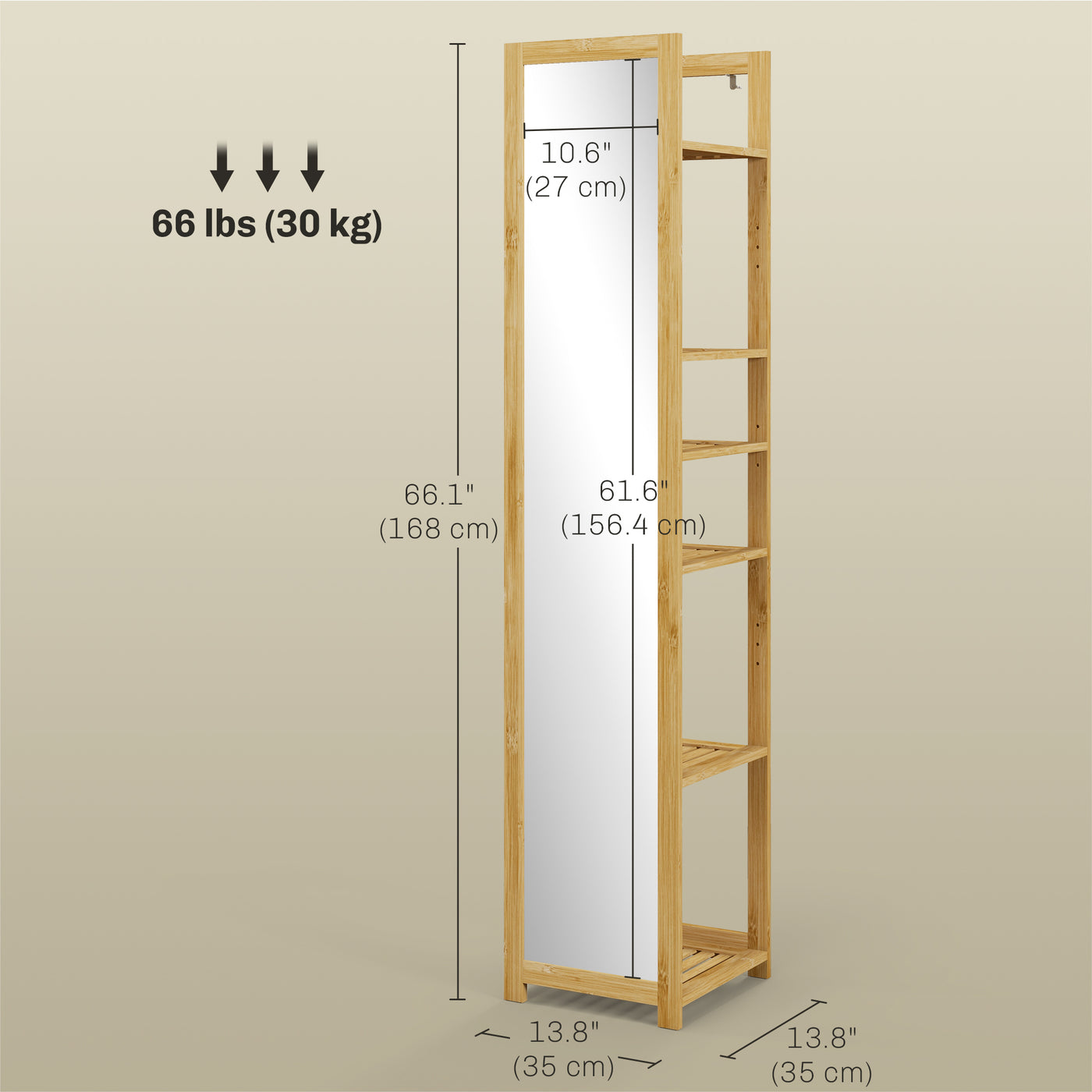 66" x 14" Standing Mirror with 6-Tier Shelf, Floor Mirror Full Body Mirror for Bathroom, Living Room, Nature Wood
