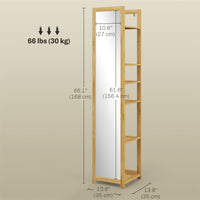 66" x 14" Standing Mirror with 6-Tier Shelf, Floor Mirror Full Body Mirror for Bathroom, Living Room, Nature Wood