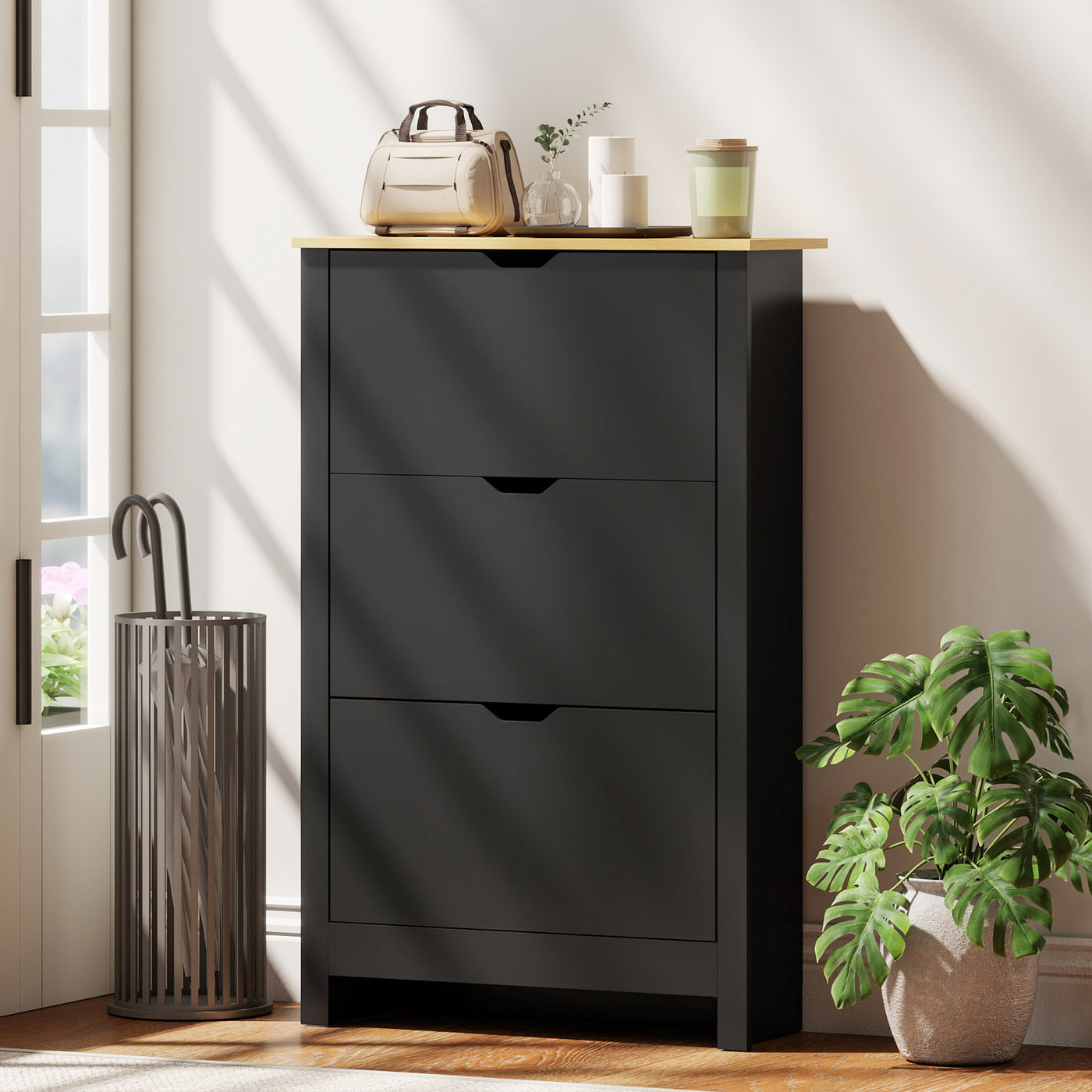 Shoe Storage Cabinet with 3 Flip Drawers and Adjustable Shelves for 12-18 Pairs of Shoes, Black