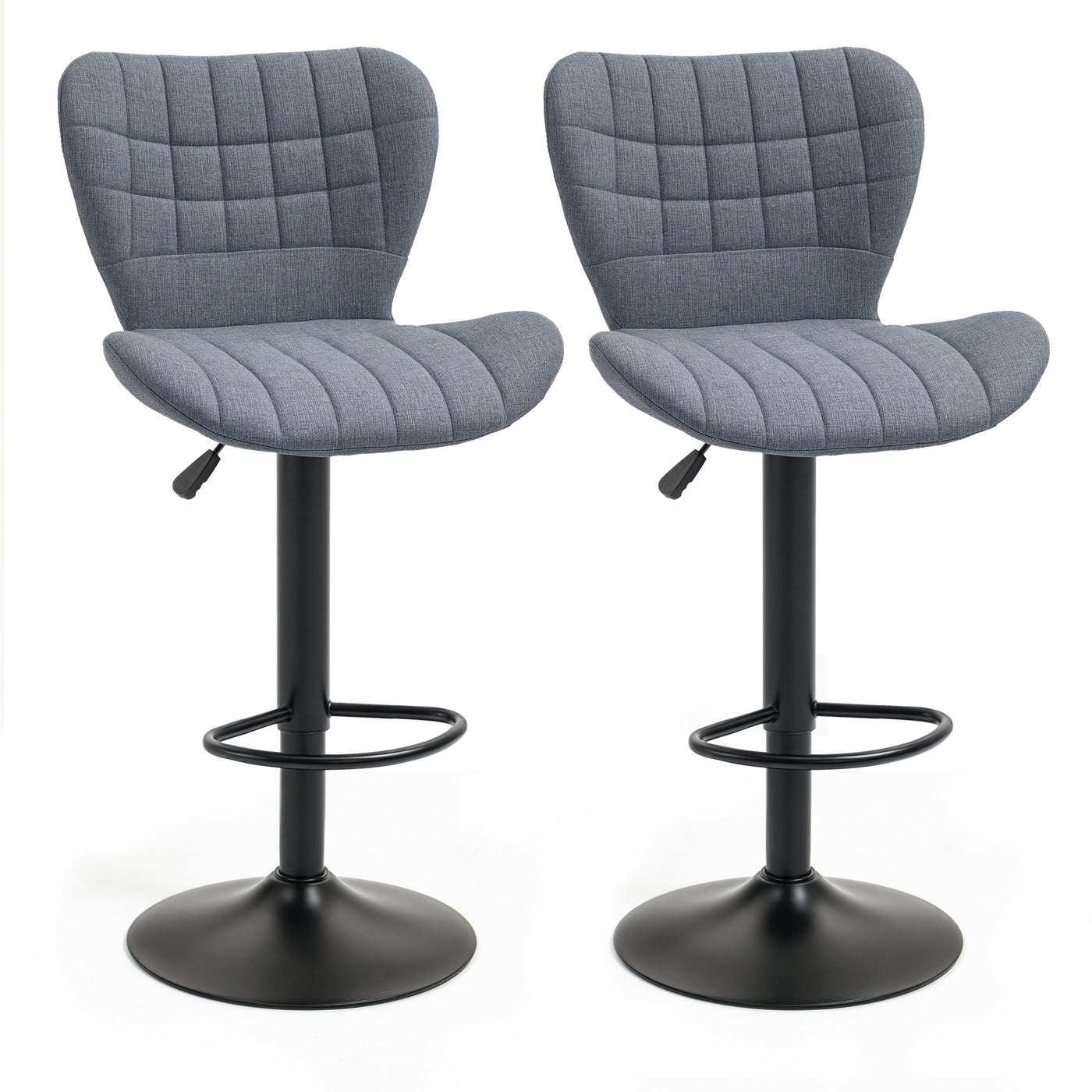 Bar Stools Set of 2, Adjustable Height Swivel Bar Chairs, Linen-feel Fabric Upholstered Kitchen Counter Stools with Wide Seat, Back and Footrest, Grey