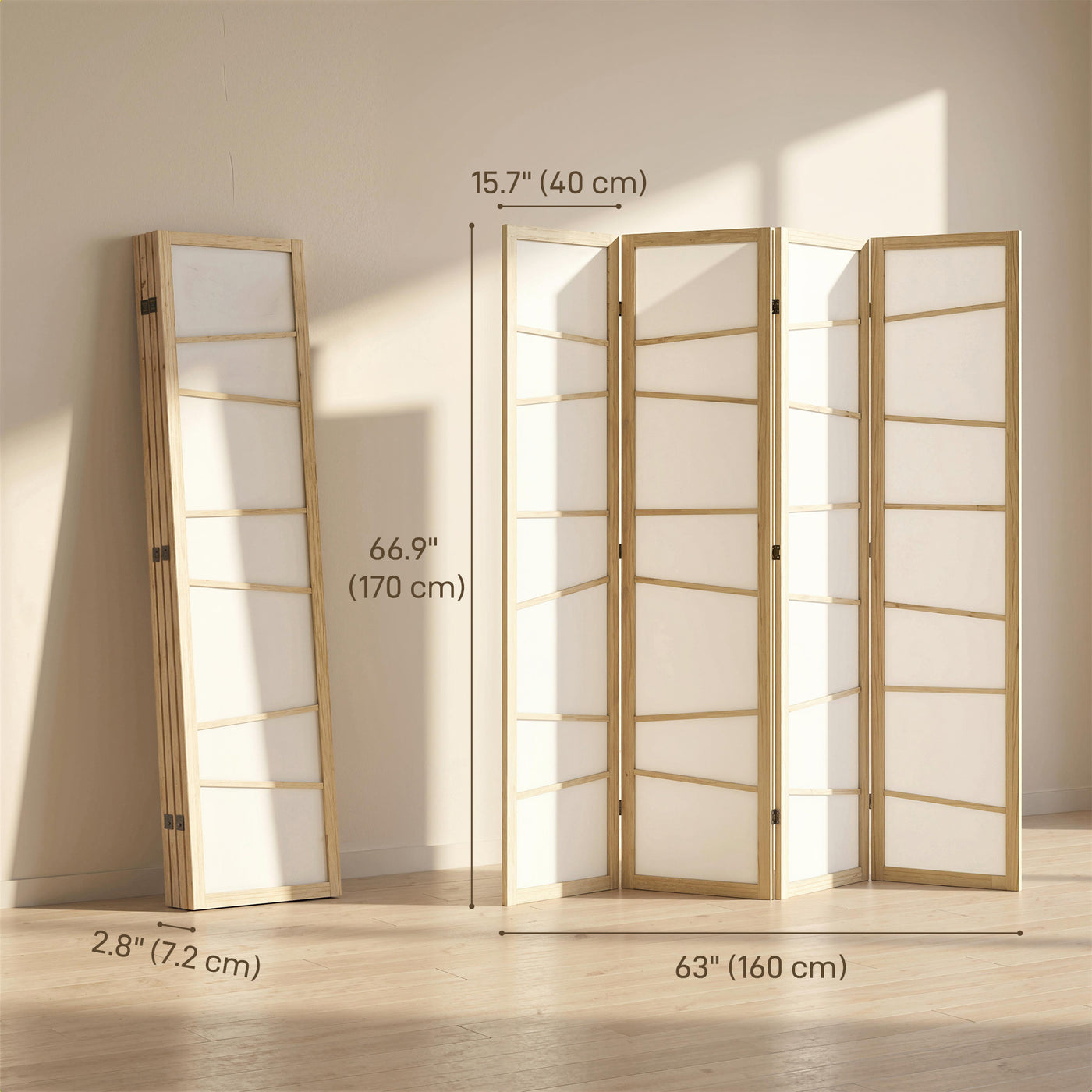 66.9" Folding Room Divider, 4 Panel Wall Partition with Wood Frame for Bedroom, Home Office, Natural Wood