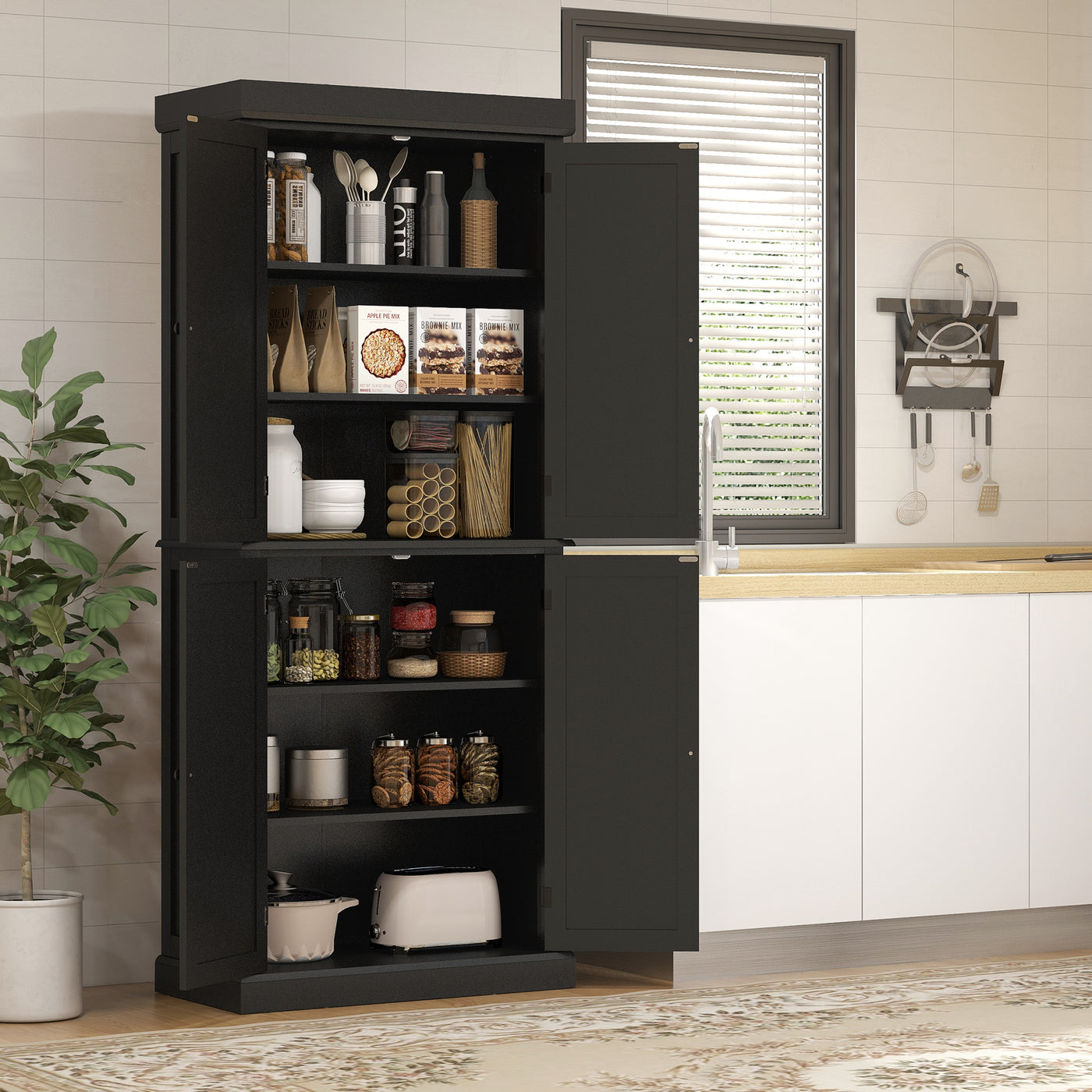 72.5" Freestanding Kitchen Pantry Cabinet with 4 Doors, Black