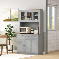 71" Pantry Cabinet with Microwave Space, Buffet with Hutch, 2 Drawers, Adjustable Shelves and Glass Doors, Grey