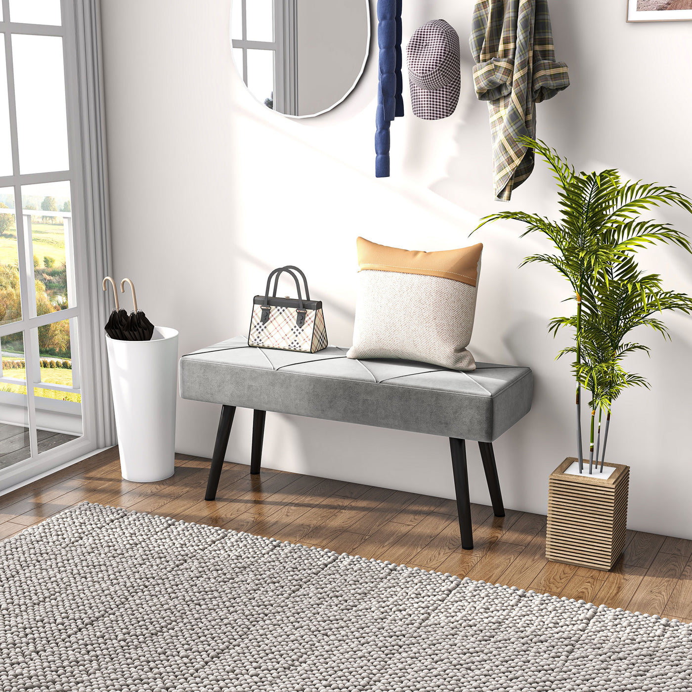 39 Inches Upholstered Bedroom Bench, Modern End of Bed Bench with Steel Legs, Grey