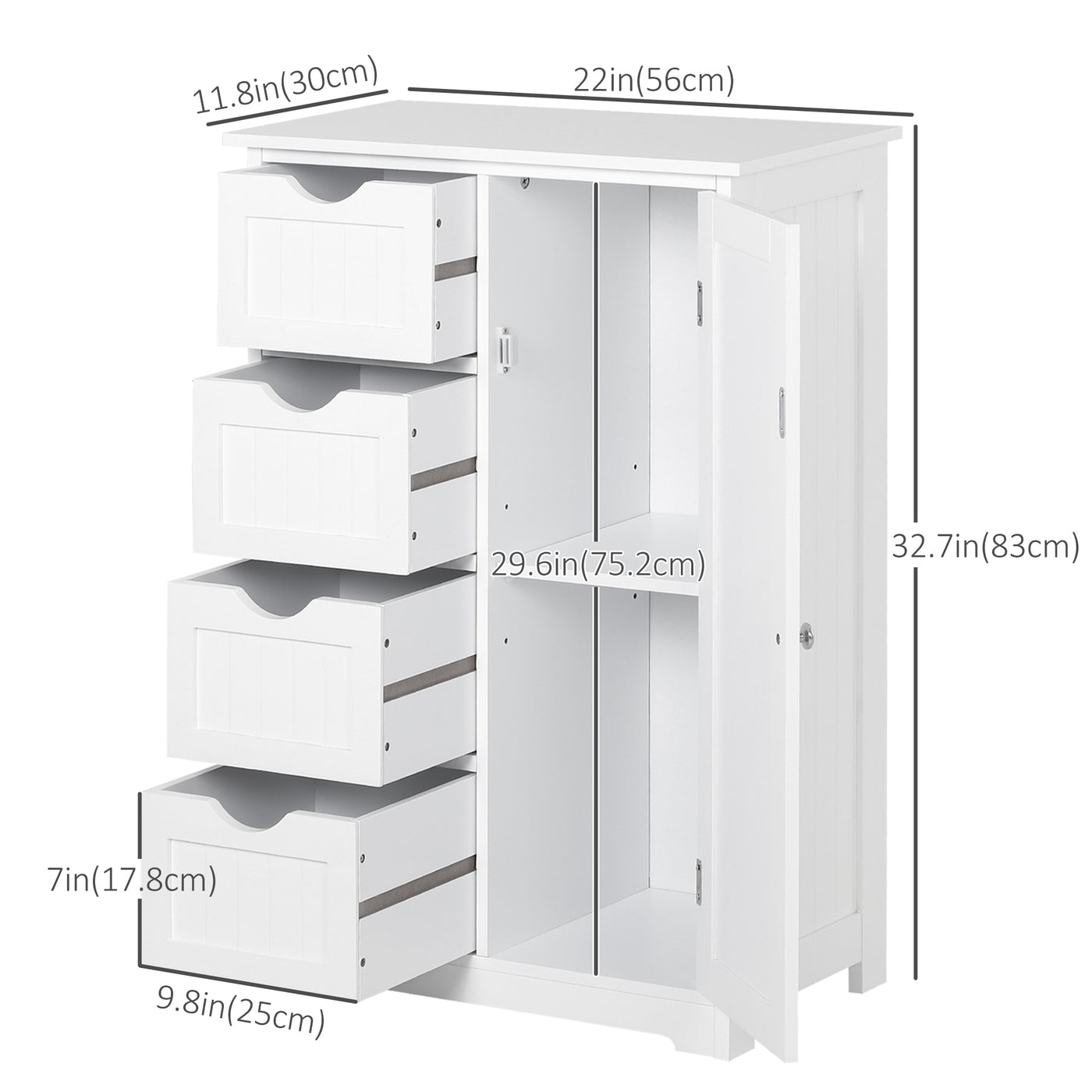 Bathroom Storage Cabinet, Floor Cabinet with Adjustable Shelf and 4 Drawers, Side Cabinet for Washroom, White