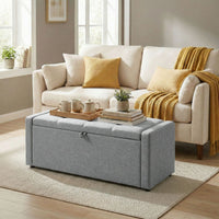 Storage Ottoman Bench, Linen-Look Fabric Upholstered Ottoman with Storage, Wide Padded Seat, Light Grey
