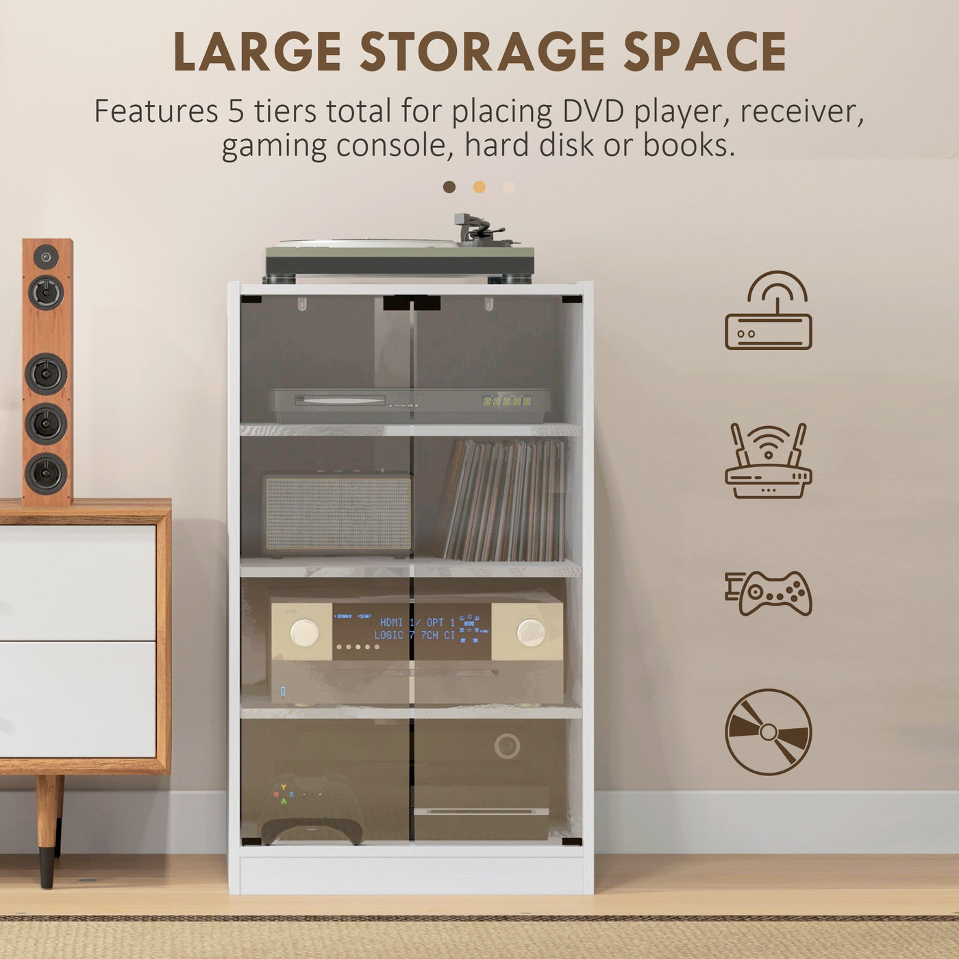 5-Tier Media Cabinet, Media Stand with Adjustable Shelves, Tempered Glass Doors, and Cable Management, Distressed White