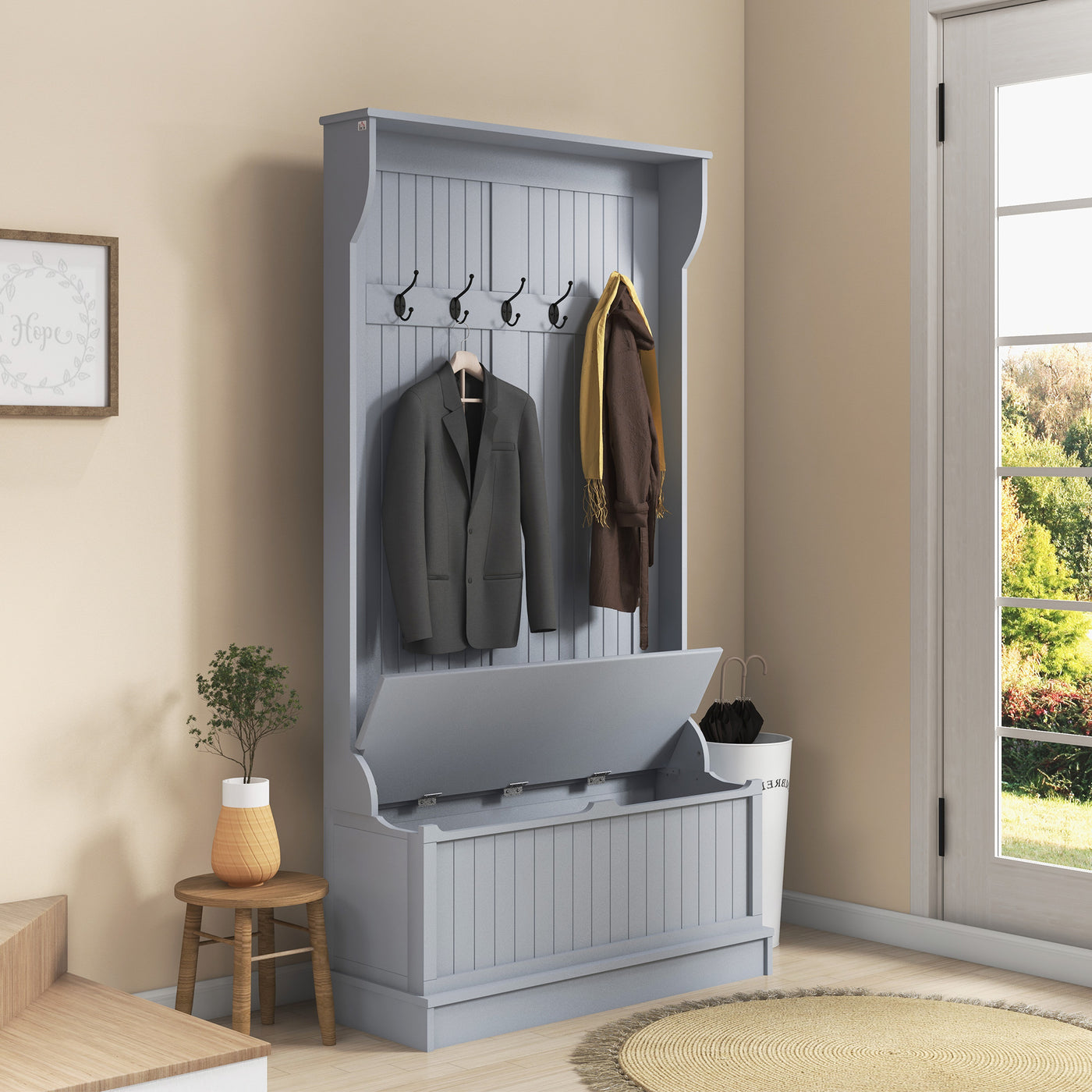 4-In-1 Hall Tree with Coat Rack, Top Shelf, Shoe Storage and Bench Seat, Entryway Bench with 5 Hooks, Grey