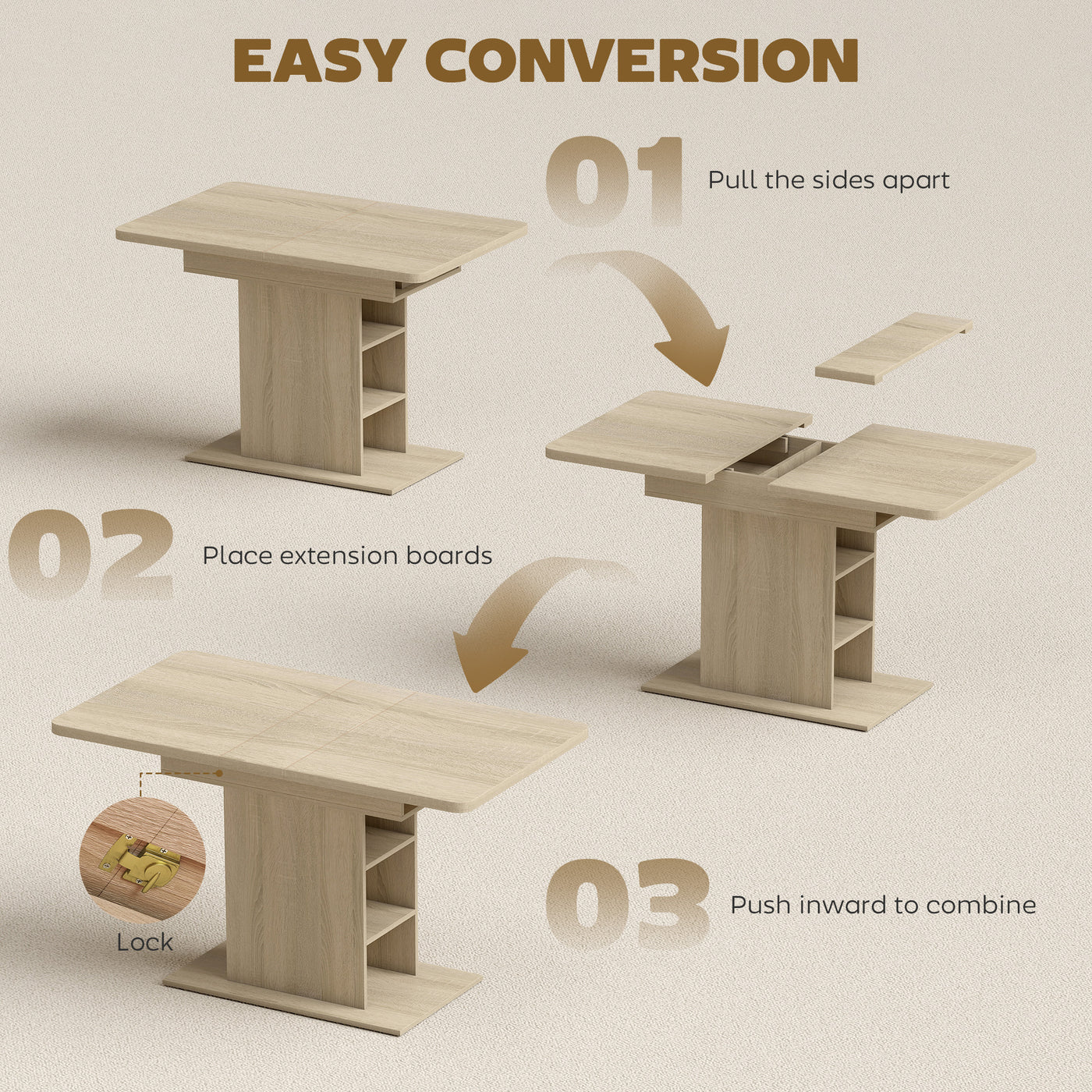 Extendable Dining Table for 4-6 People, 43.3"-51.2" Kitchen Table with 6 Open Shelves, Natural Wood