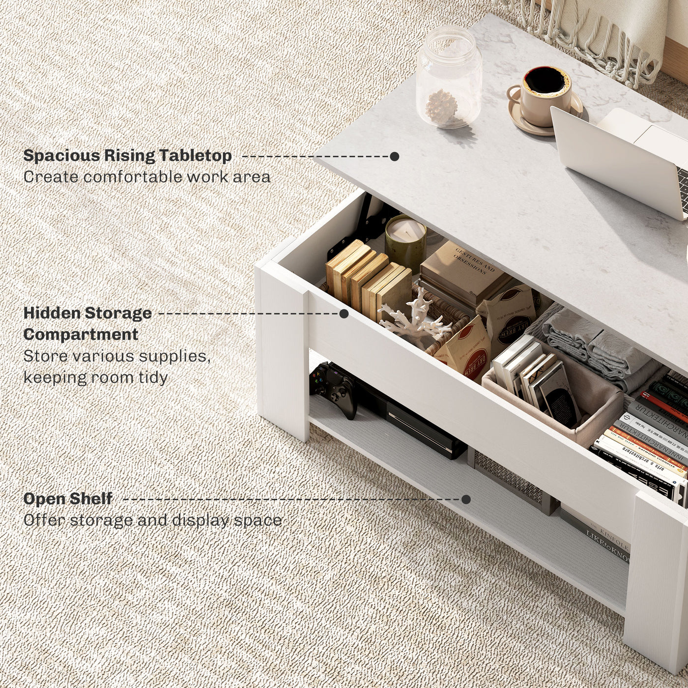 Lift Top Coffee Table with Hidden Storage Compartment and Open Shelf, Center Table for Living Room, White