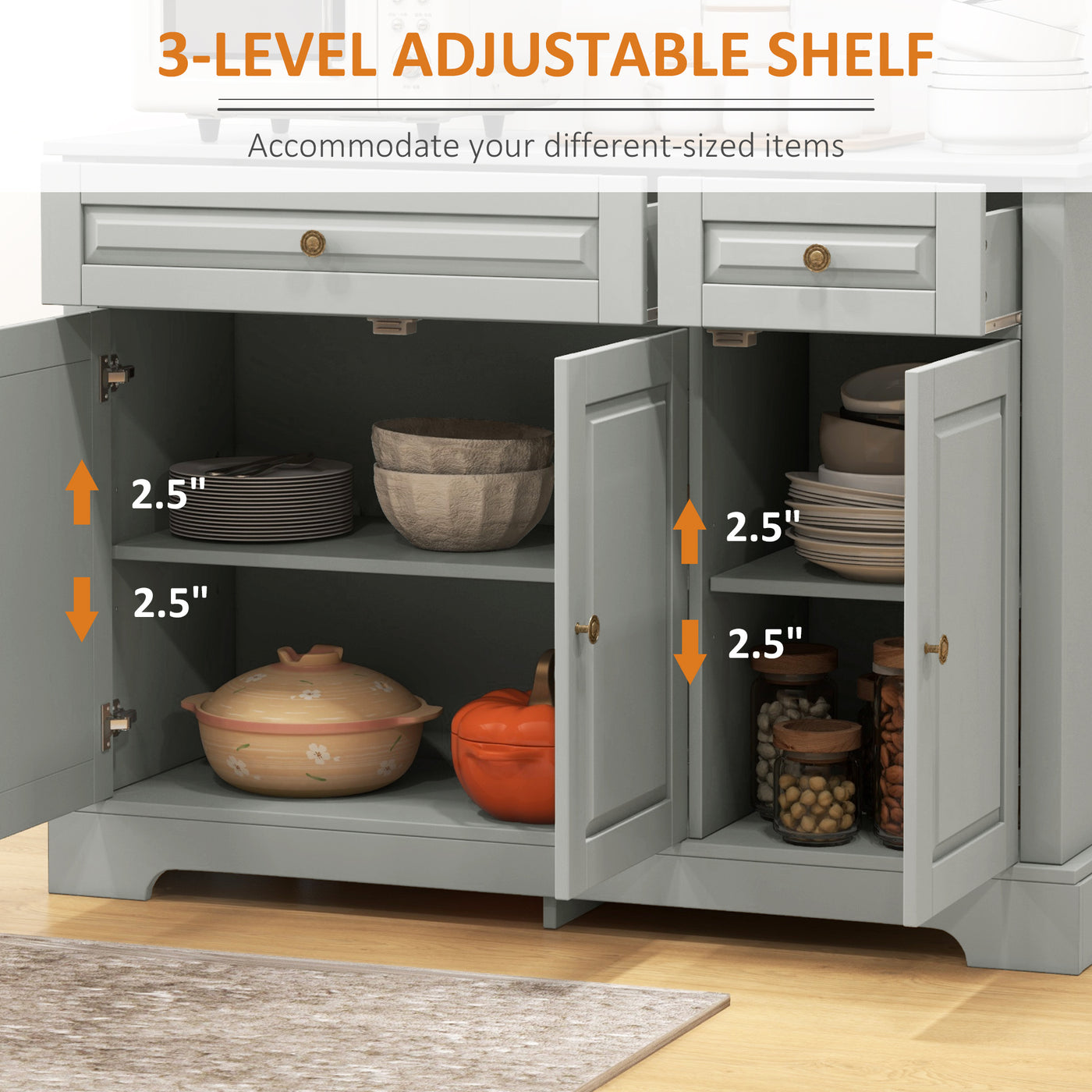 Modern Sideboard Cabinet, Buffet Cabinet with 2 Drawers and Adjustable Shelves, Buffets Tables for Dining Room, Grey