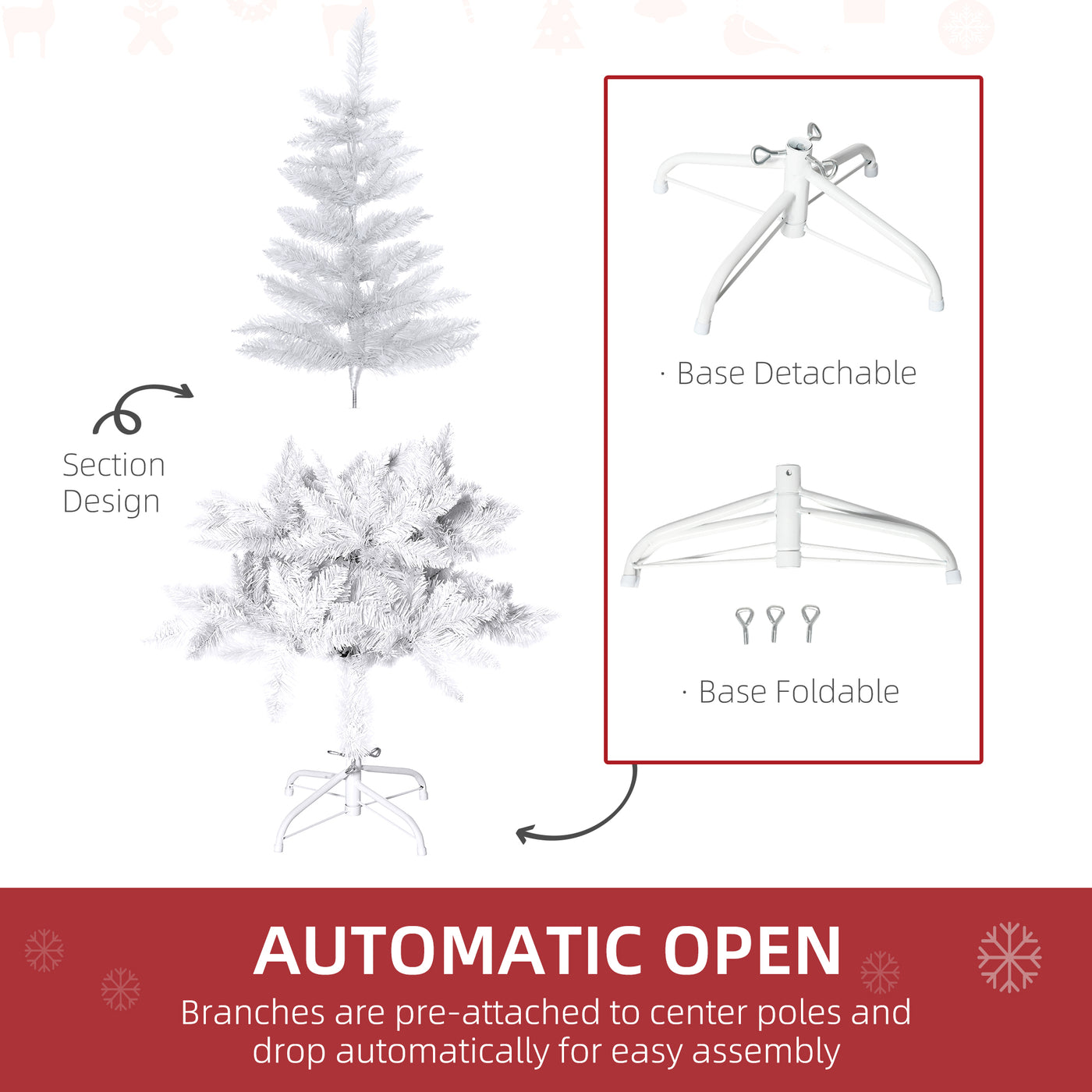4ft Artificial Christmas Tree with Pine Realistic Branches, Auto Open, for Indoor Decoration, White
