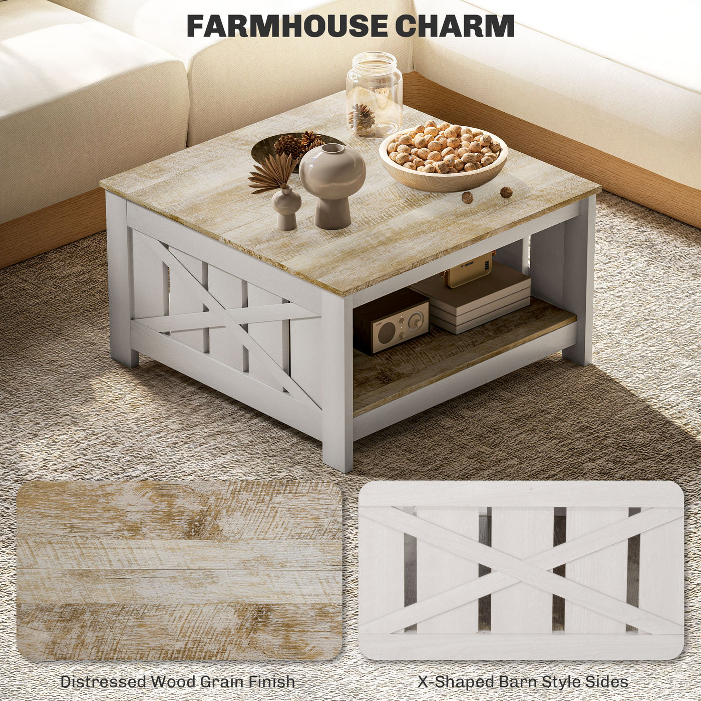 31.5" Square Coffee Table, Farmhouse 2-Tier Center Table for Living Room, Distressed Oak and Brown