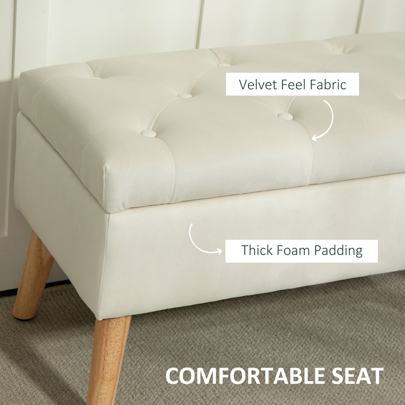 Storage Ottoman with Lid, Velvet Upholstered Storage Bench with Wood Legs for Living Room, Cream White
