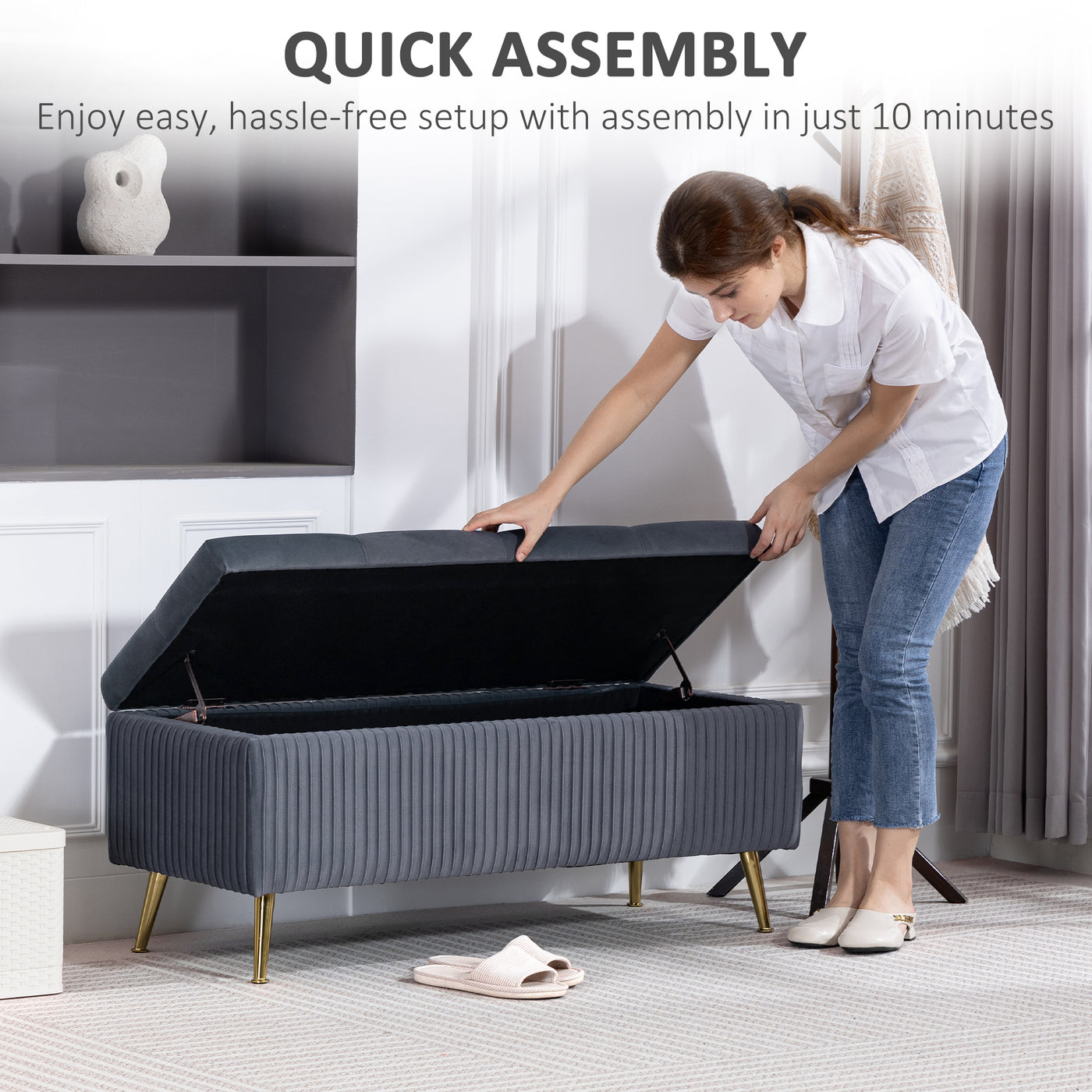 Storage Ottoman Bench, 43 Inch Large Storage Chest with Steel Legs and Padded Seat, Foot Rest, Load 485 lbs, Dark Grey