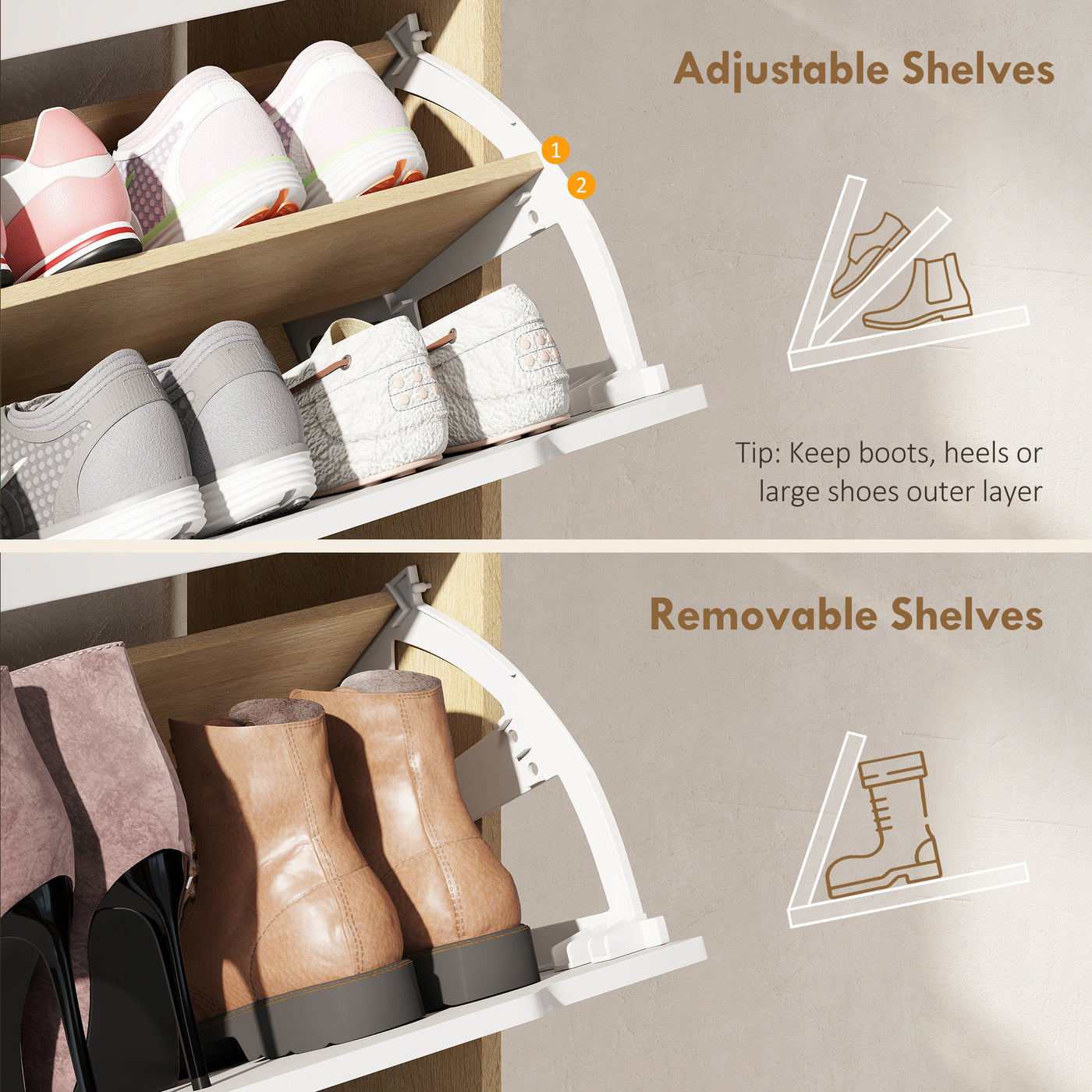 Narrow Shoe Cabinet for Entryway with 2 Flip Drawers, Top Drawer and Adjustable Shelves for 12 Pairs of Shoes, White