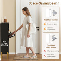 Shoe Cabinet with 2 Flip Drawers, Modern Narrow Shoe Storage Cabinet with Open Compartment, Adjustable Shelves, Black