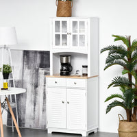 Coastal Style Kitchen Buffet and Hutch Wooden Storage Cupboard with Framed Glass Door LouveredCabinet  Drawers Microwave Space for Dining Room  Living Room  White