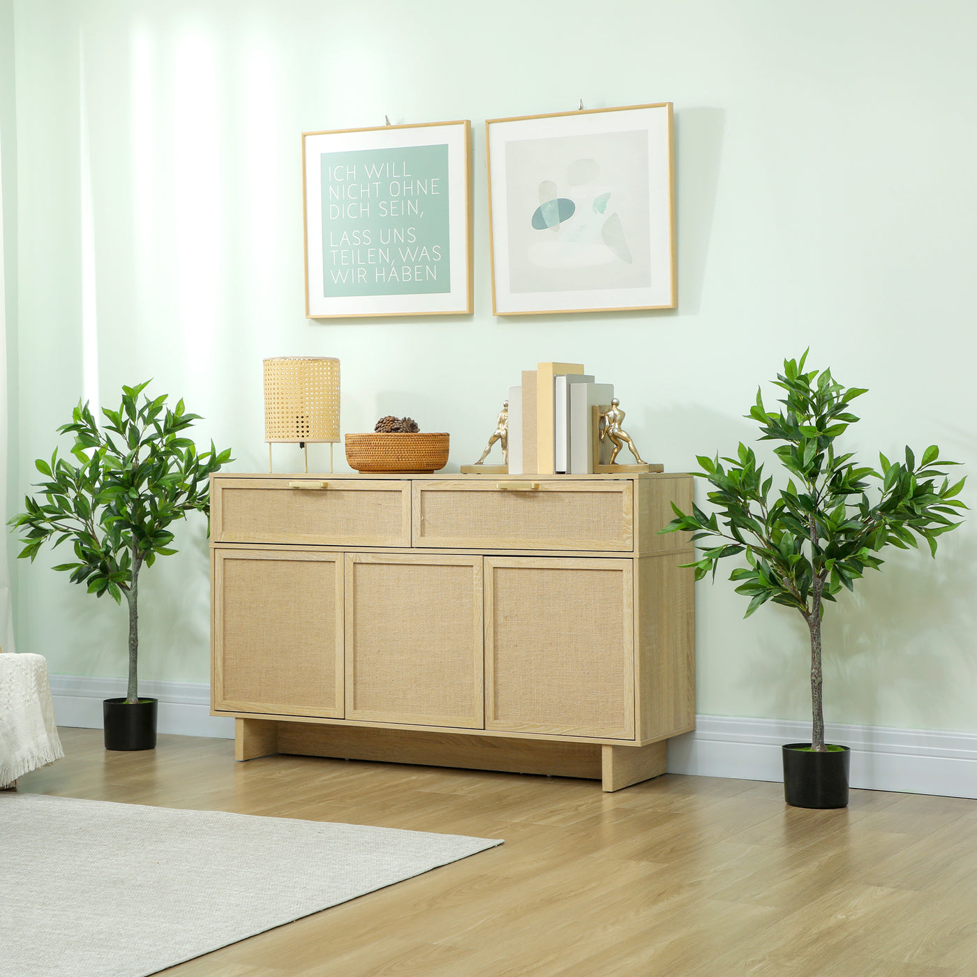 Potted Fake Plants Set of 2, Lifelike Laurel Artificial Trees with 345 PEVA Leaves for Indoor Outdoor Decor, Green