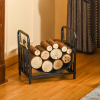 Curved Firewood Rack with Bear and Pine Tree Design, 17 Inch Log Holder Storage Rack with 110 lbs. Capacity, Black