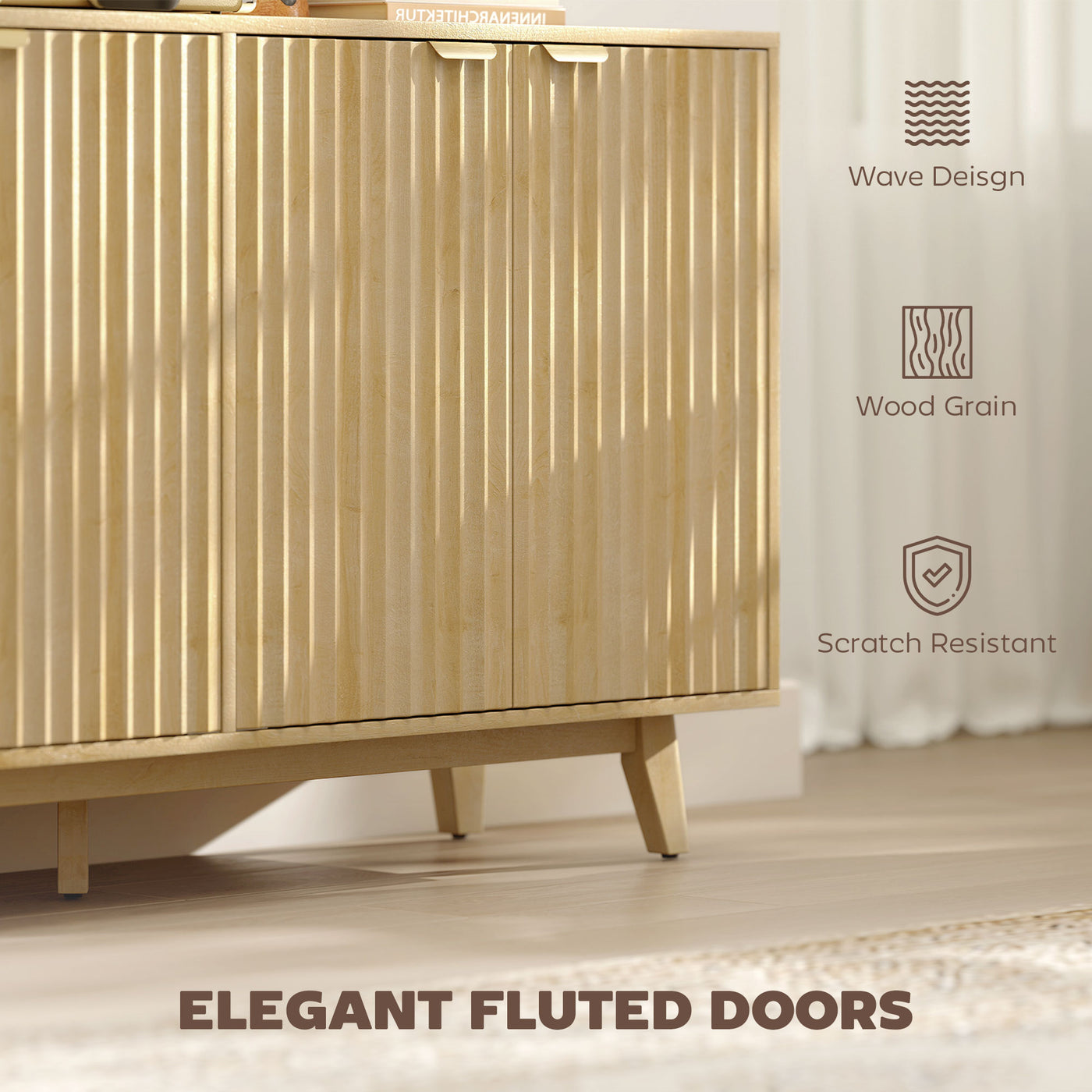 Fluted Sideboard Buffet Cabinet, 55" Coffee Bar Cabinet with 4 Doors, 2 Adjustable Shelves, 5 Wood Legs, Nature Wood