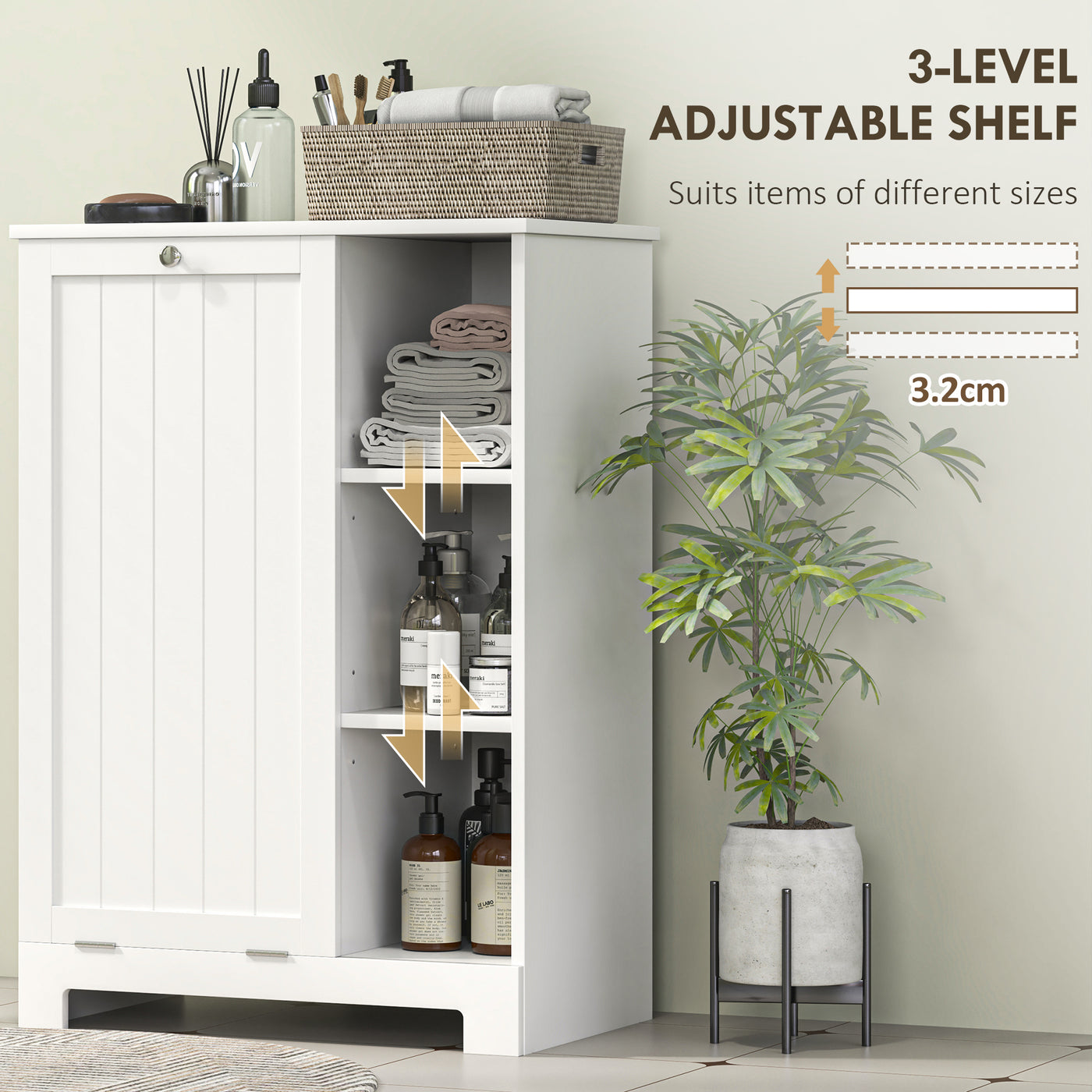 Laundry Cabinet with Removable Basket, Tilt Out Laundry Hamper with Adjustable Shelf and Open Compartments, White