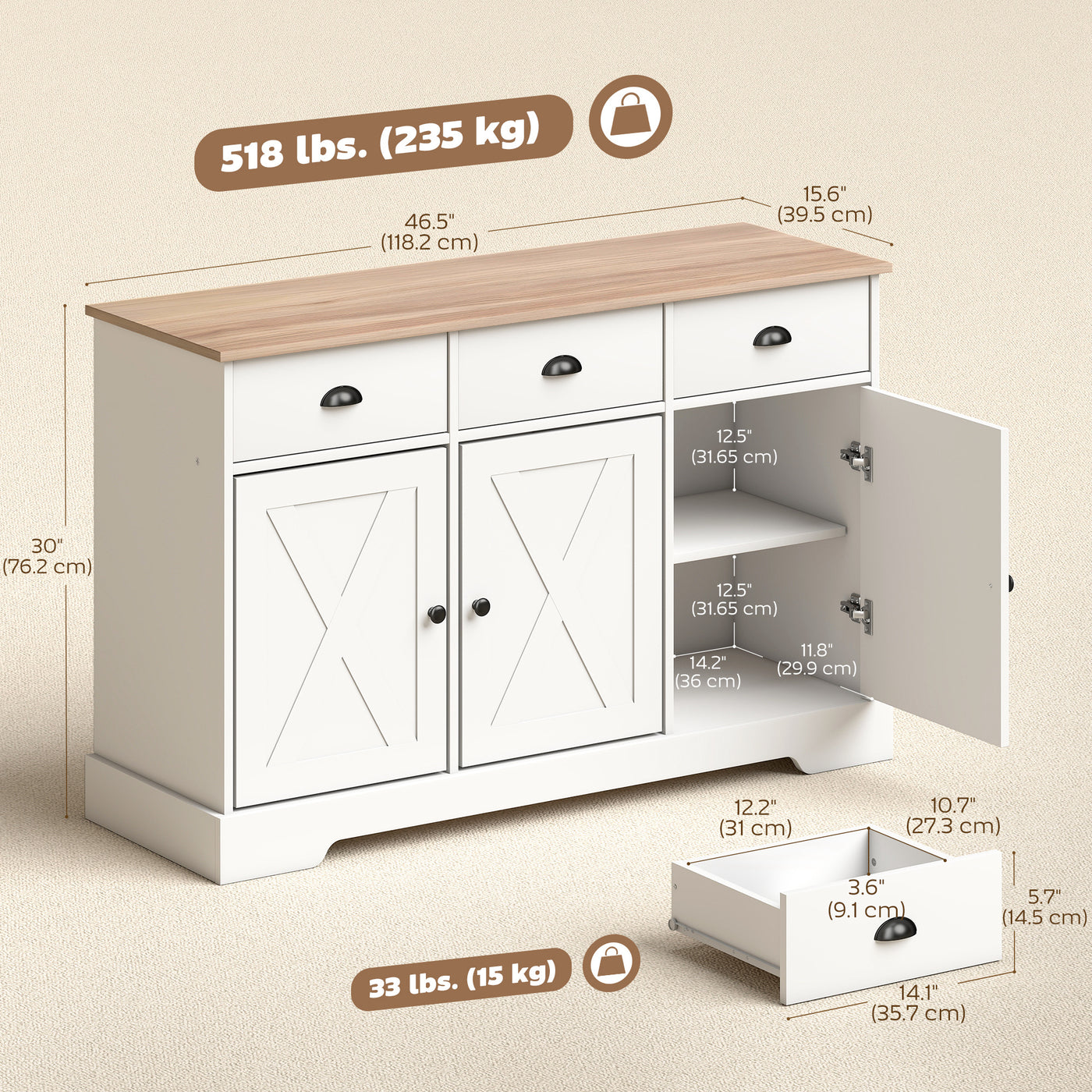 46.5" Buffet Cabinet, Farmhouse Sideboard with 3 Barn Doors and 3 Drawers for Living Room, Kitchen, White