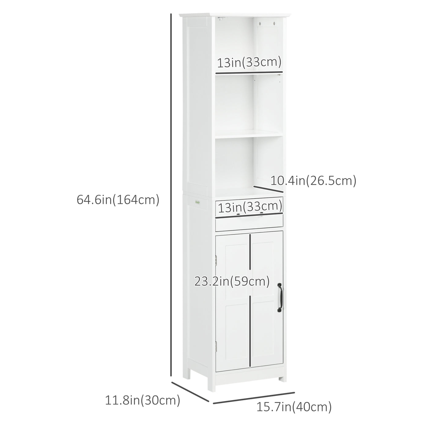 Modern Bathroom Cabinet, Narrow Bathroom Vanities with 3 Open Shelves, Drawer and Adjustable Shelf, White