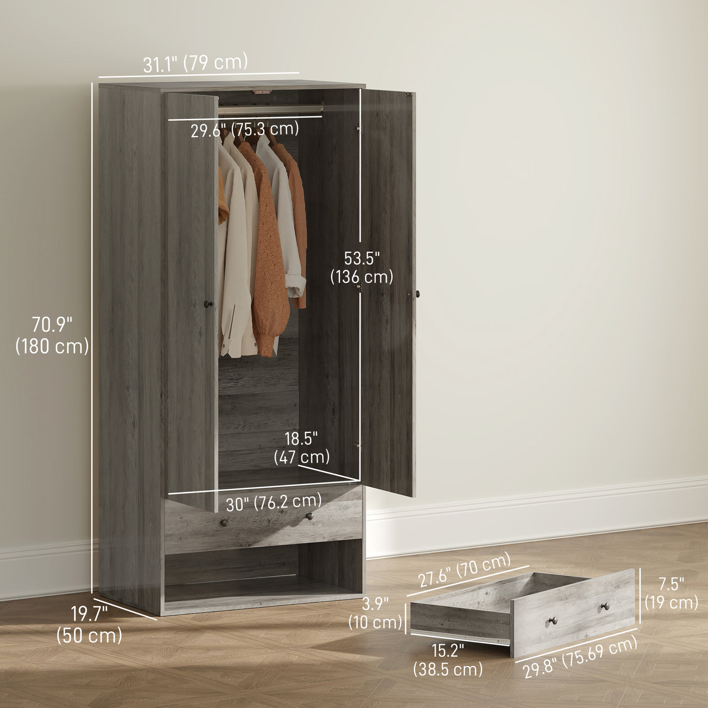 Modern Wardrobe Closet Armoire with 2 Drawers and Hanging Rod, Clothes Storage Organizer for Bedroom, Grey