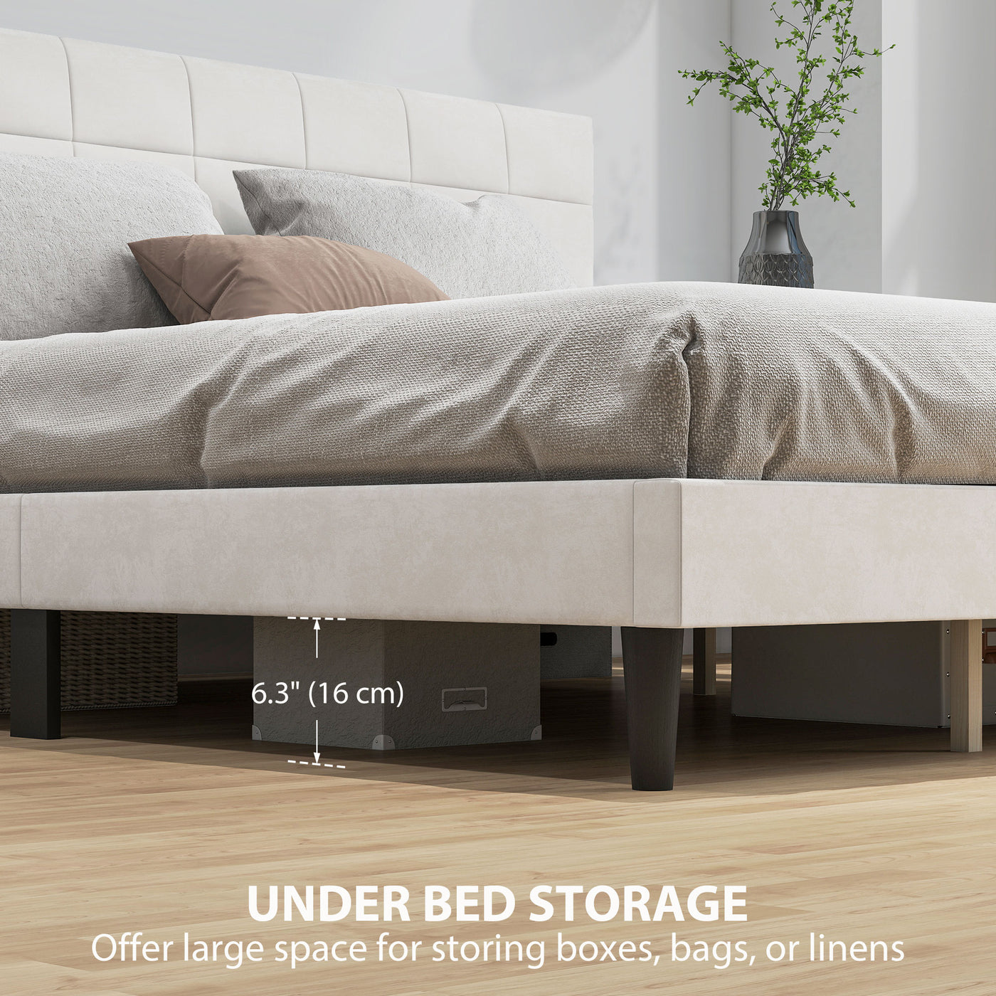 King Size Bed Frame with Upholstered Headboard, Modern Platform Bed Frame with Wood Slats, 1100 lbs Capacity, Cream White