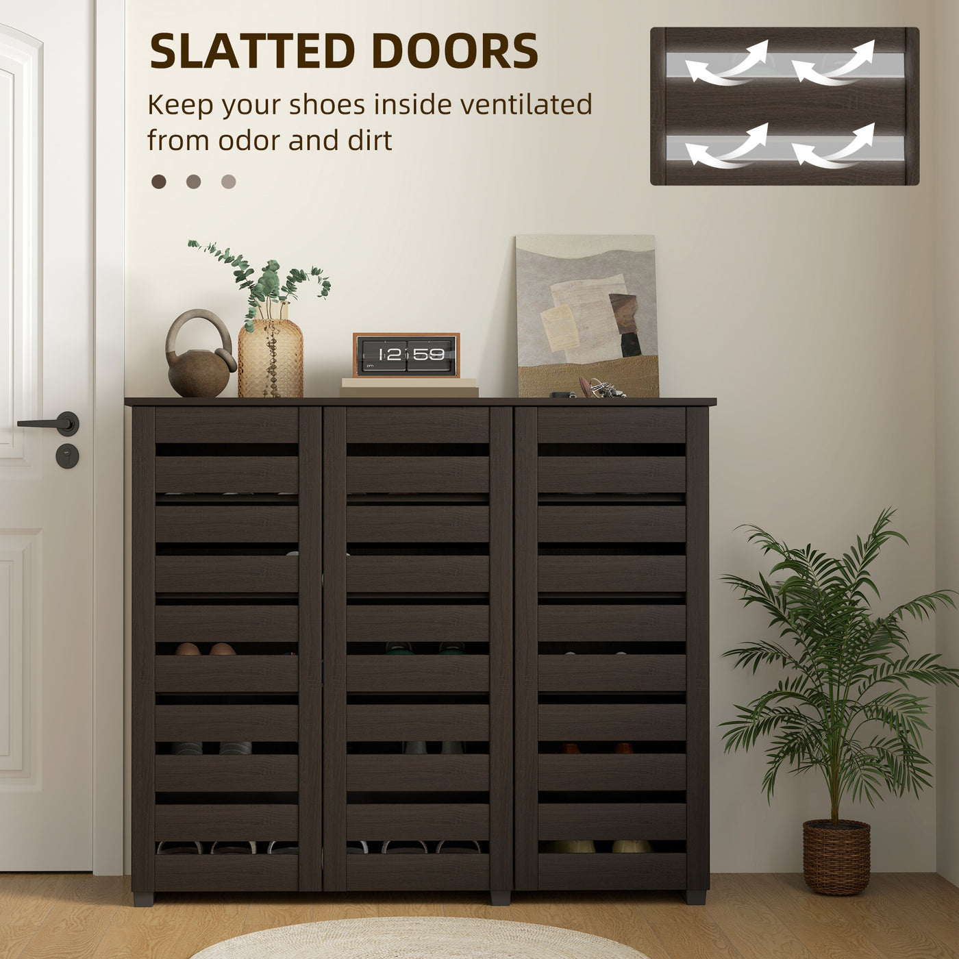 Narrow Shoe Cabinet with Slatted Doors, Adjustable Shelves for 20 Pairs of Shoes, Shoe Cabinet for Entryway, Dark Brown