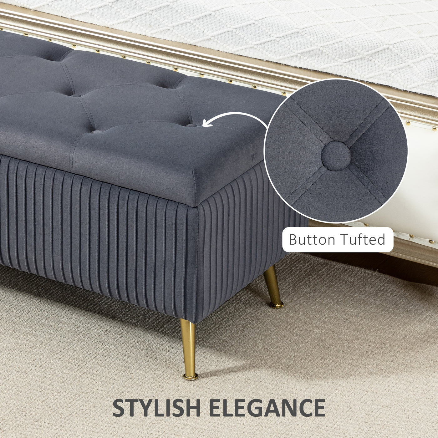 Storage Ottoman Bench, 43 Inch Large Storage Chest with Steel Legs and Padded Seat, Foot Rest, Load 485 lbs, Dark Grey