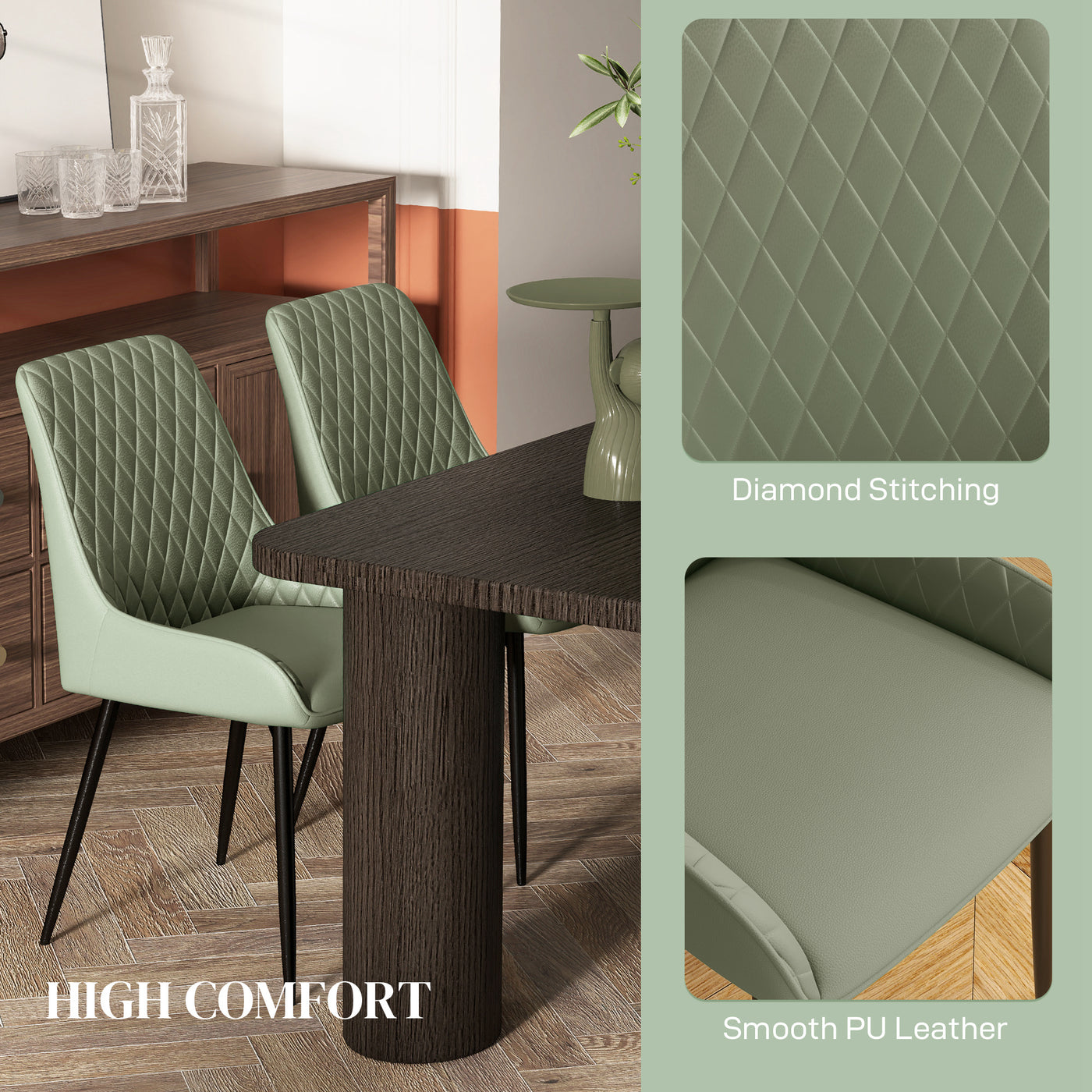 Upholstered Kitchen Chairs, Modern Dining Chairs Set of 2 with Diamond Tufting and Steel Legs for Dining Room, Green
