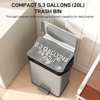 Garbage Bin, Soft-Close Trash Can with Foot Pedal, 5 Gallon (20 L) Garbage Can with Removable Inner Bucket, Silver
