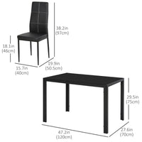 5-Piece Rectangular Glass Kitchen Table and Chairs with Metal Frame and Faux Leather Upholstery for Dining Room, Black