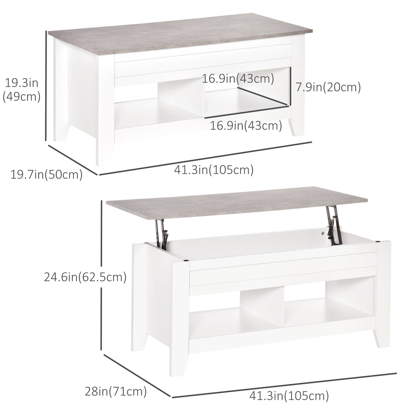Lift Top Coffee Table with Hidden Storage Compartment and Open Shelves, Lift Tabletop Pop-Up Center Table for Living Room, White