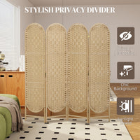 Bohemian Privacy Screen, Folding Room Divider with 4 Panels and Arched Top for Bedroom Living Room Office, Natural Wood