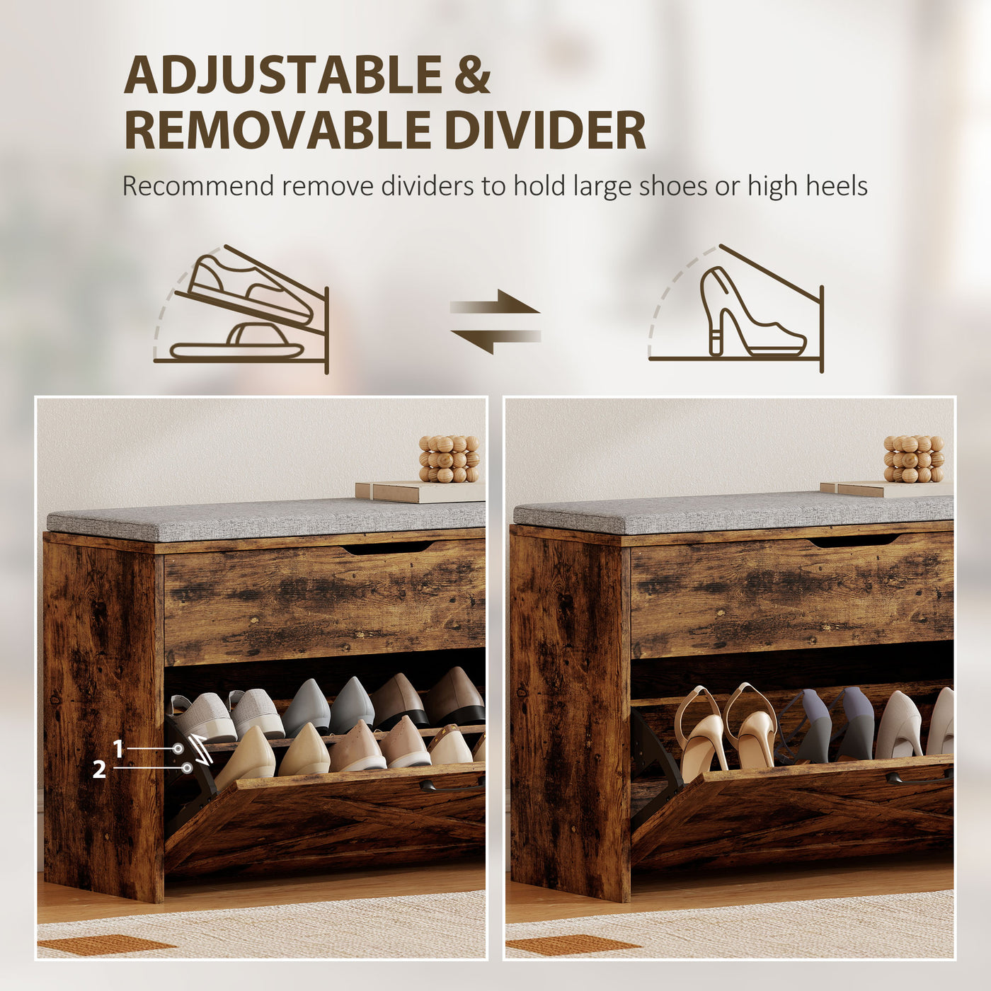 Shoe Storage Bench with Flip Drawer and Lift Top Storage, Entryway Bench with Seat Cushion for Hallway, Rustic Brown