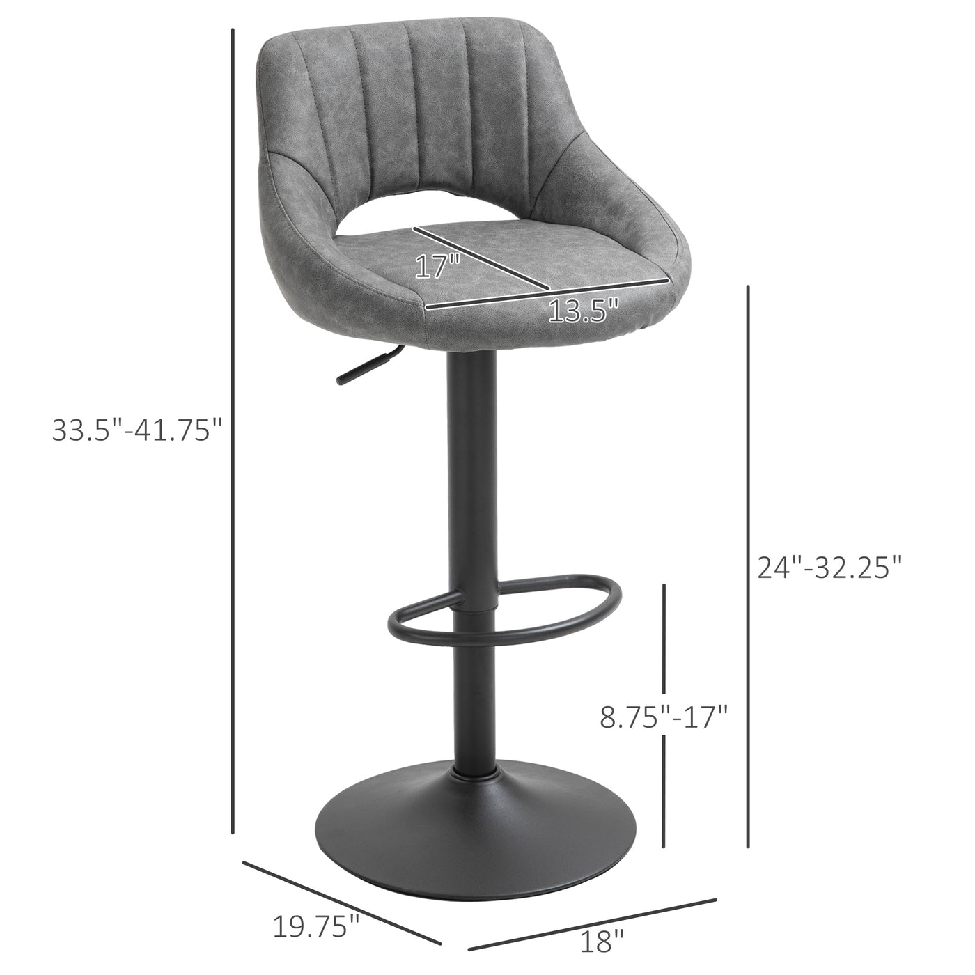 Bar Stools Set of 2, Swivel Counter Height Barstools with Adjustable Height and Cutout Back, Faux Leather Upholstered Bar Chairs with Round Metal Base and Footrest, Grey