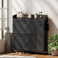 Farmhouse Shoe Storage Cabinet with Side Cabinet and Adjustable Shelves for Entryway, Hallway, Holds 12 Pairs, Black