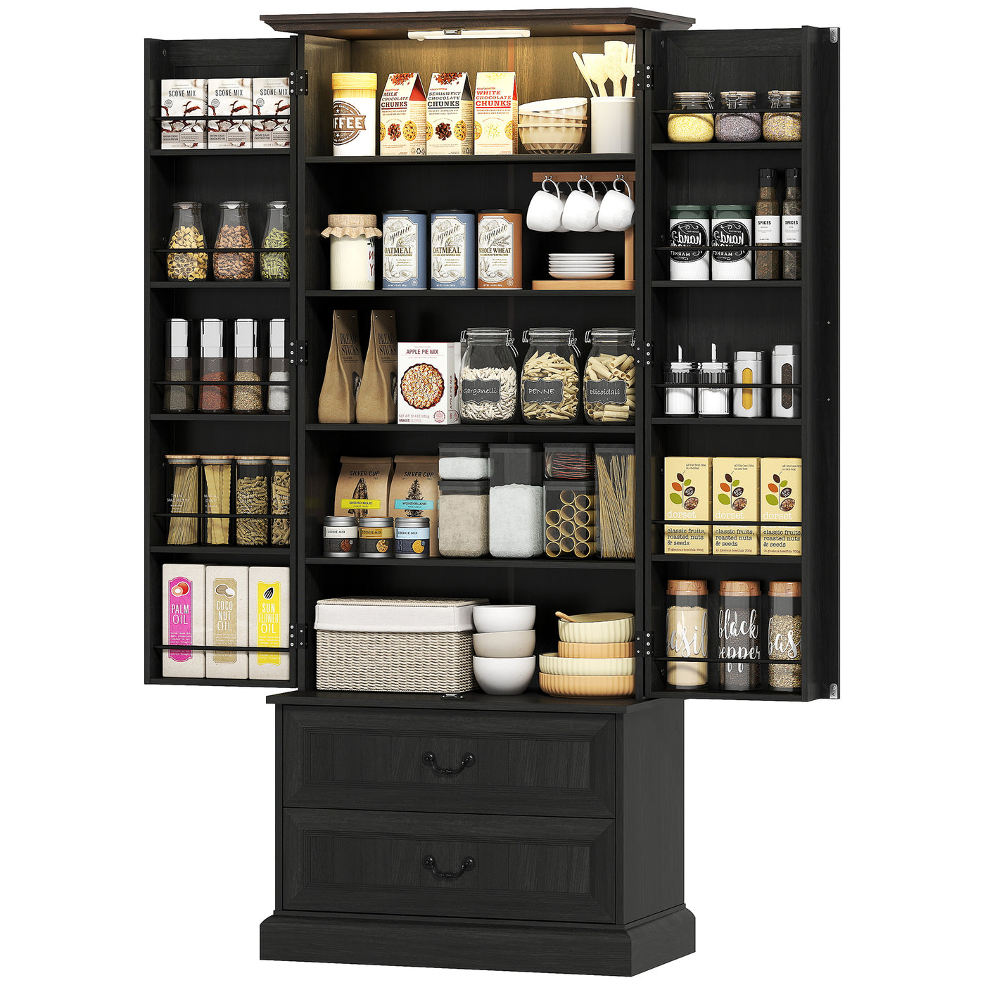 72" LED Kitchen Pantry Cabinet, Buffet Storage Cabinet with 10 Door Shelves, 2 Drawers and Adjustable Shelves, Black