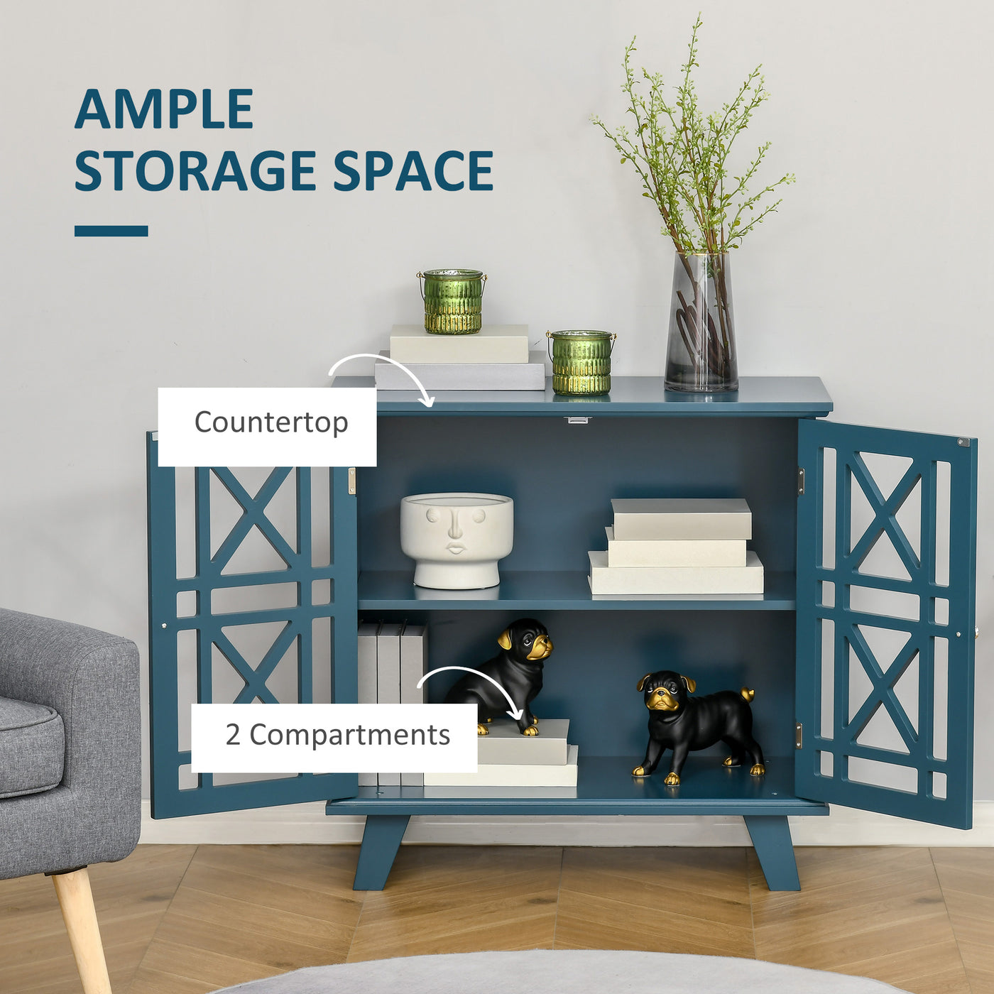 Storage Cabinet with Fretwork Doors and Shelf, Modern Freestanding Sideboard, Buffet, Blue