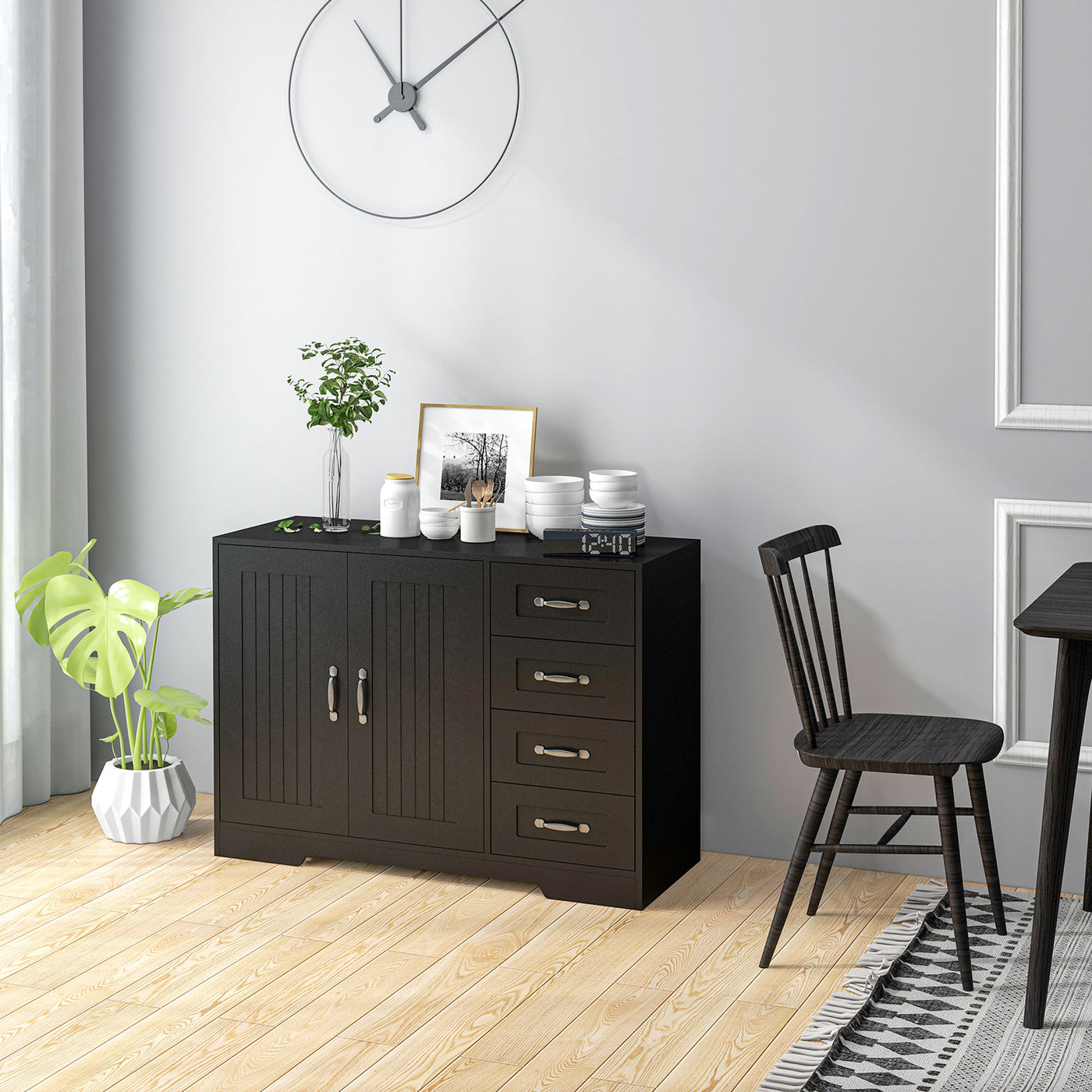 Modern Sideboard Buffet Cabinet with 4 Drawers and 2 Beadboard Doors, Kitchen Storage Cabinet, Black