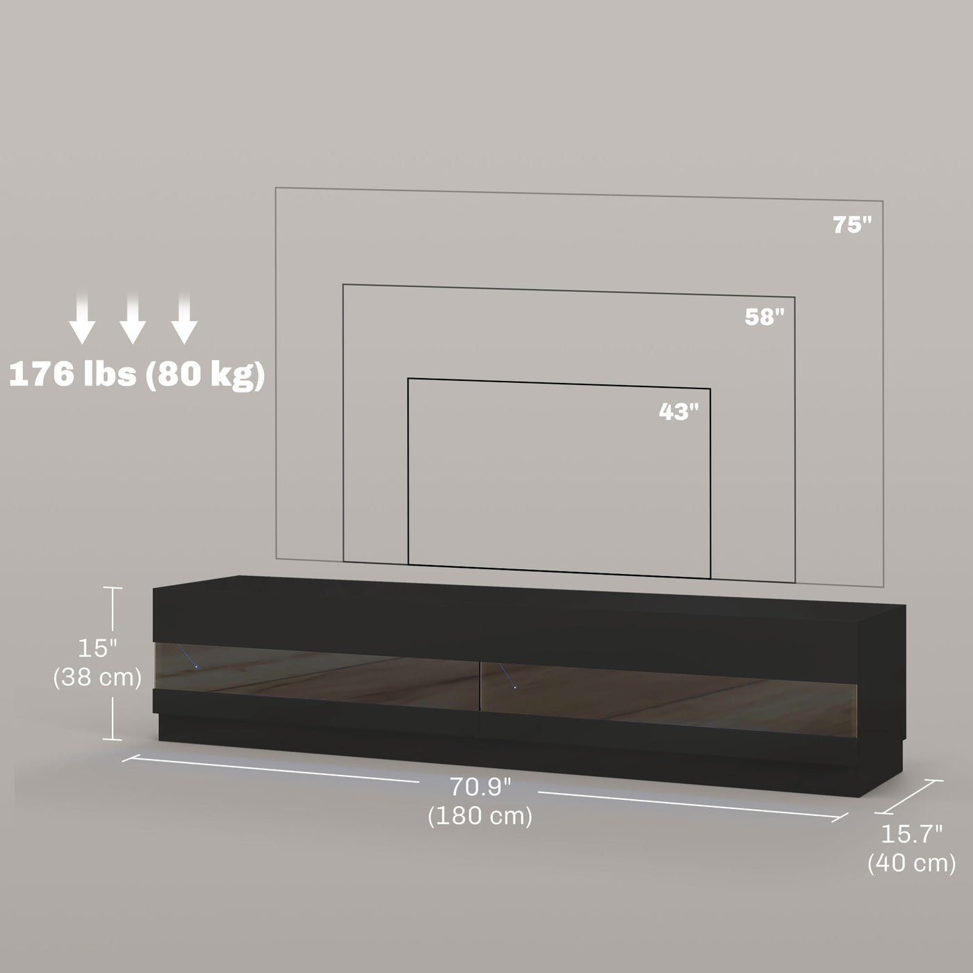 Lighted TV Stand for TVs up to 75", TV Cabinet with Storage for Living Room, High Gloss Black