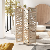 3 Panel Room Divider, Detachable Folding Privacy Screens with Palm Leaf Design for Home Office, Natural Wood Finish